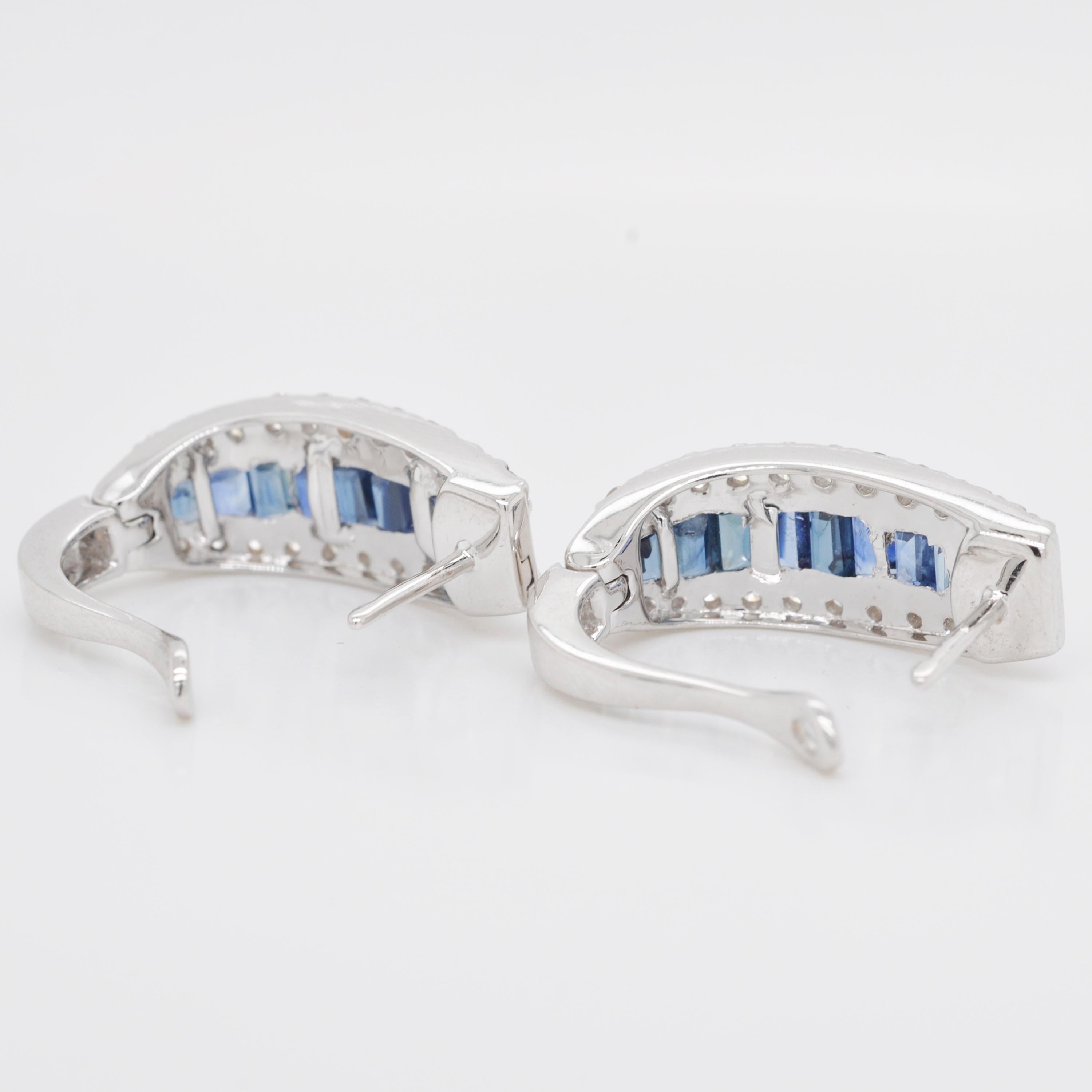 18 Karat Gold Channel Set Blue Sapphire Baguette Diamond Huggie Hoop Earrings 2