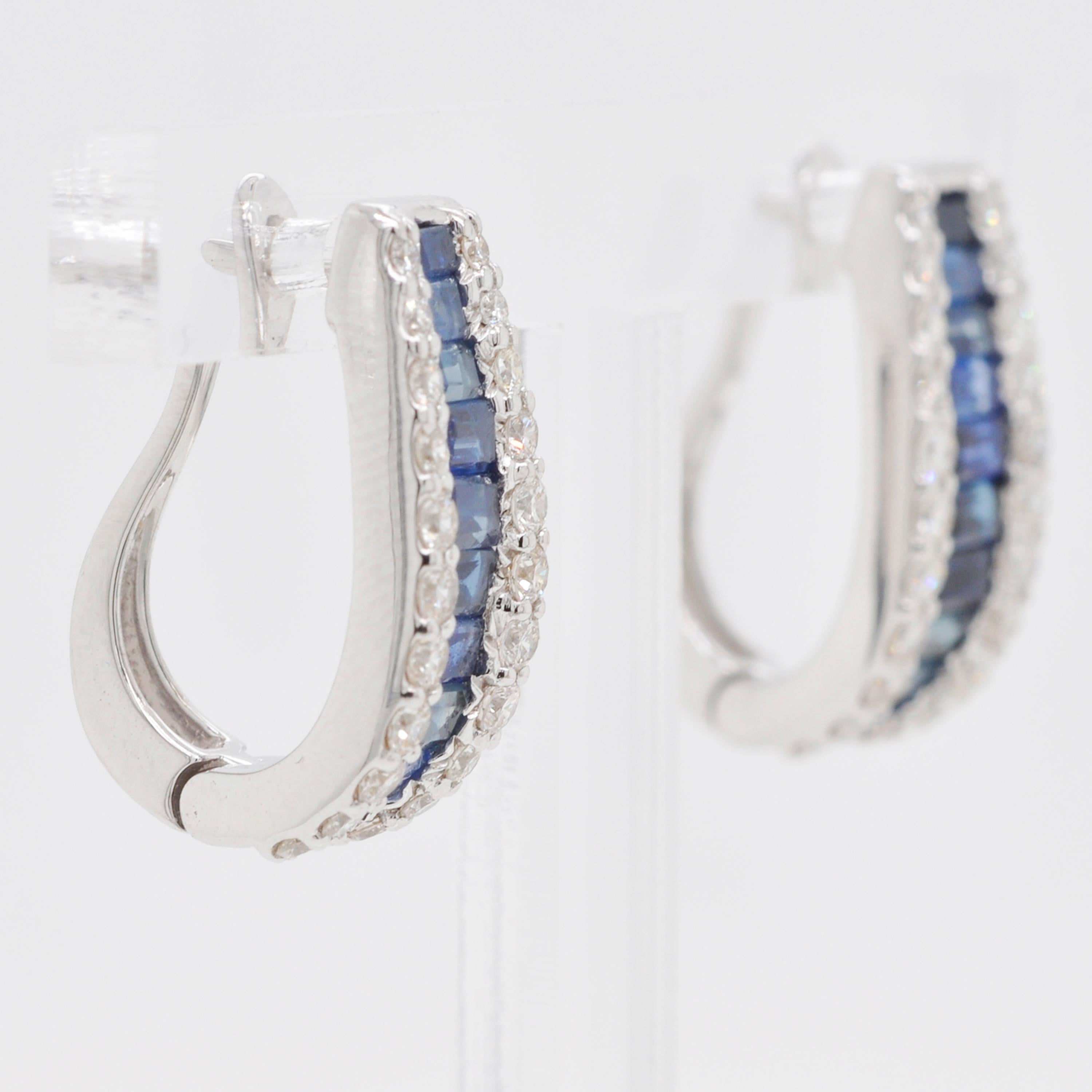 18 Karat Gold Channel Set Blue Sapphire Baguette Diamond Huggie Hoop Earrings 3
