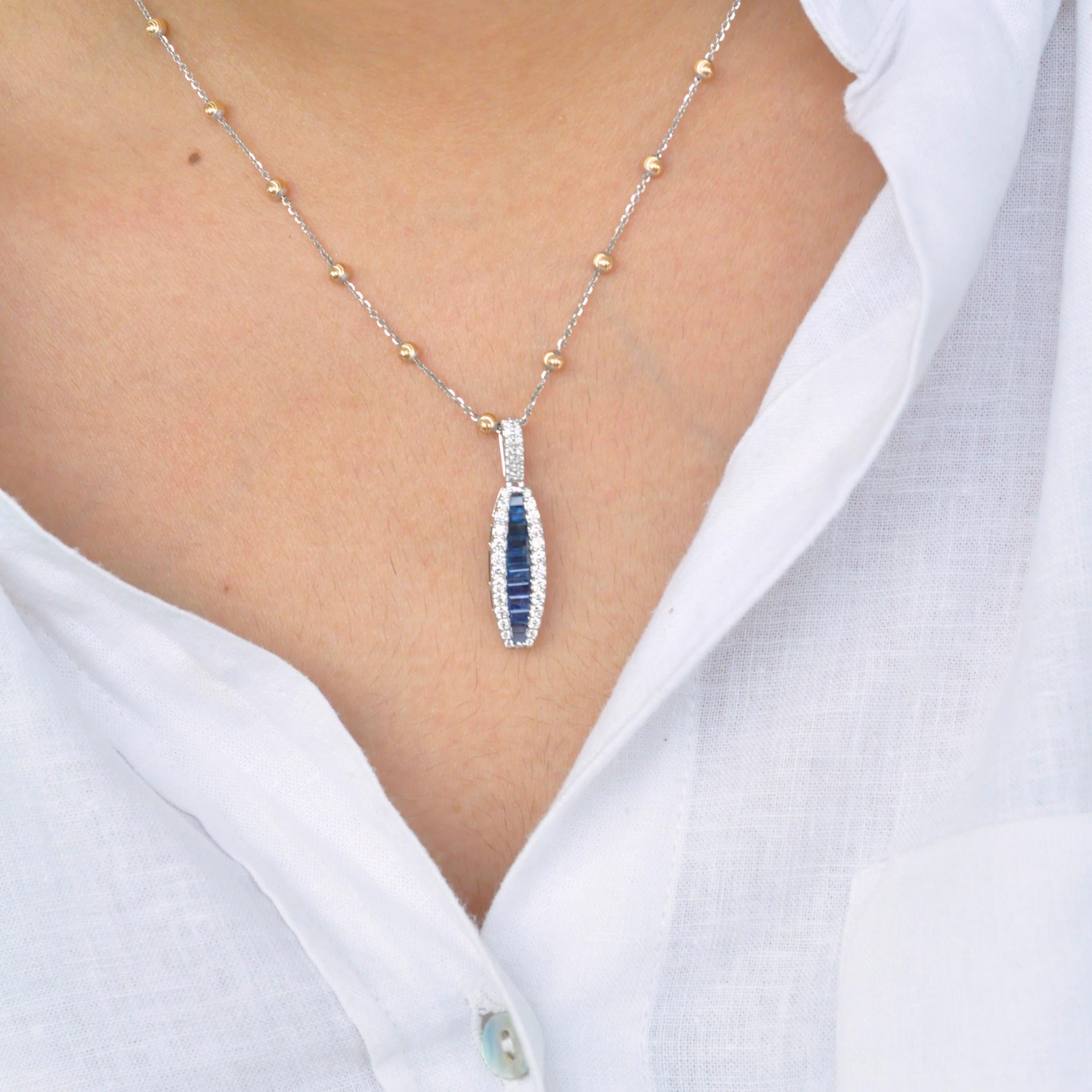 18 Karat Gold Channel Set Blue Sapphire Baguette Diamond Linear Pendant Necklace 1