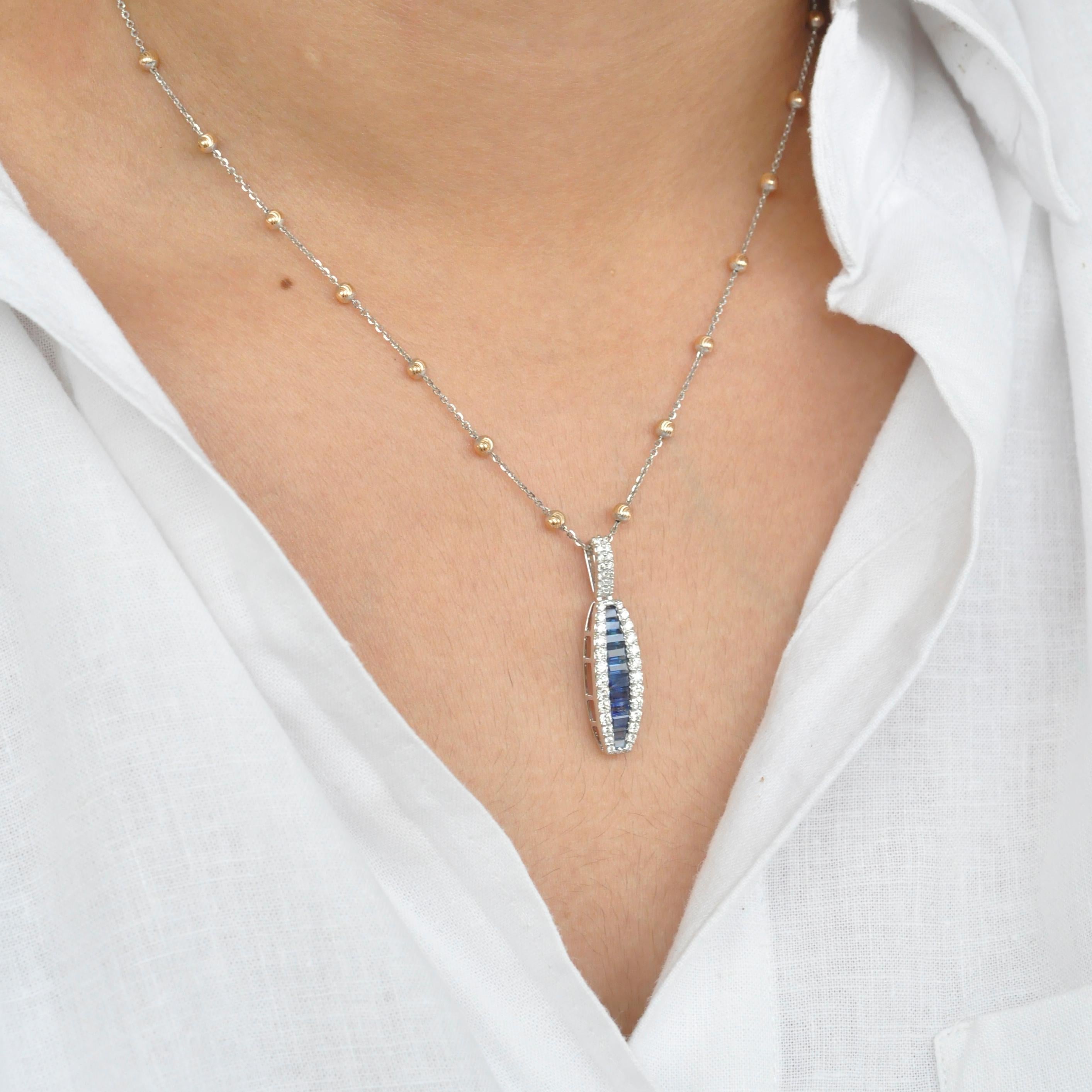 18 Karat Gold Channel Set Blue Sapphire Baguette Diamond Linear Pendant Necklace 3