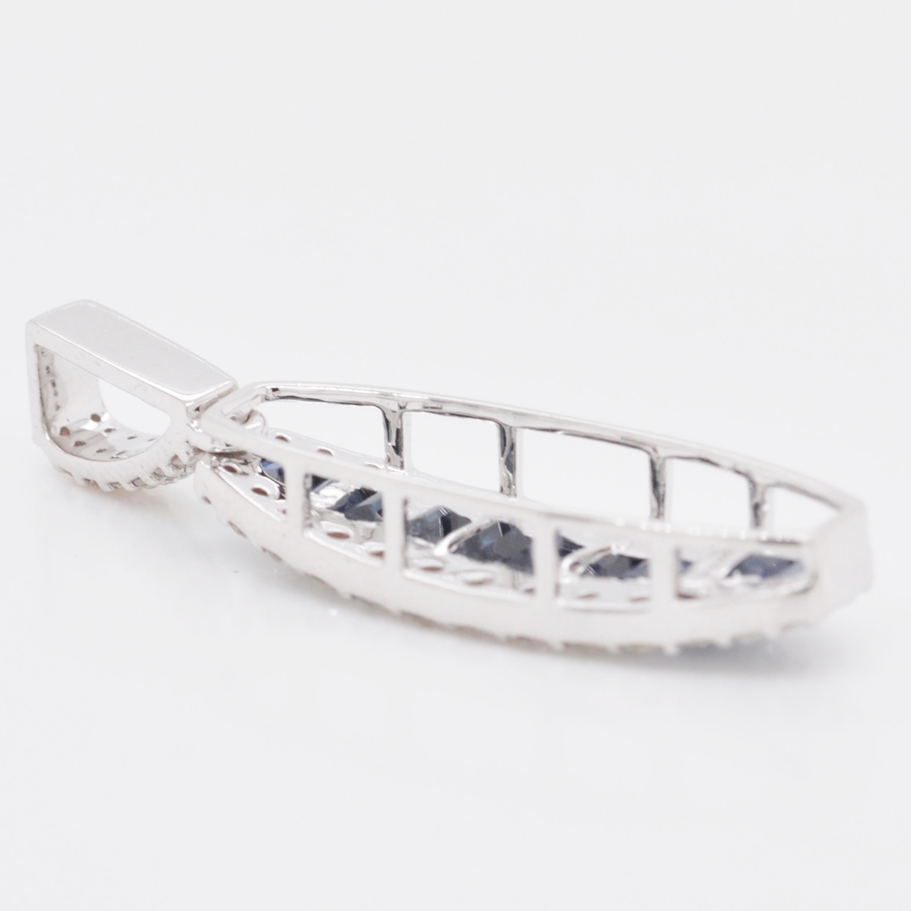 Baguette Cut 18 Karat Gold Channel Set Blue Sapphire Baguette Diamond Linear Pendant Necklace