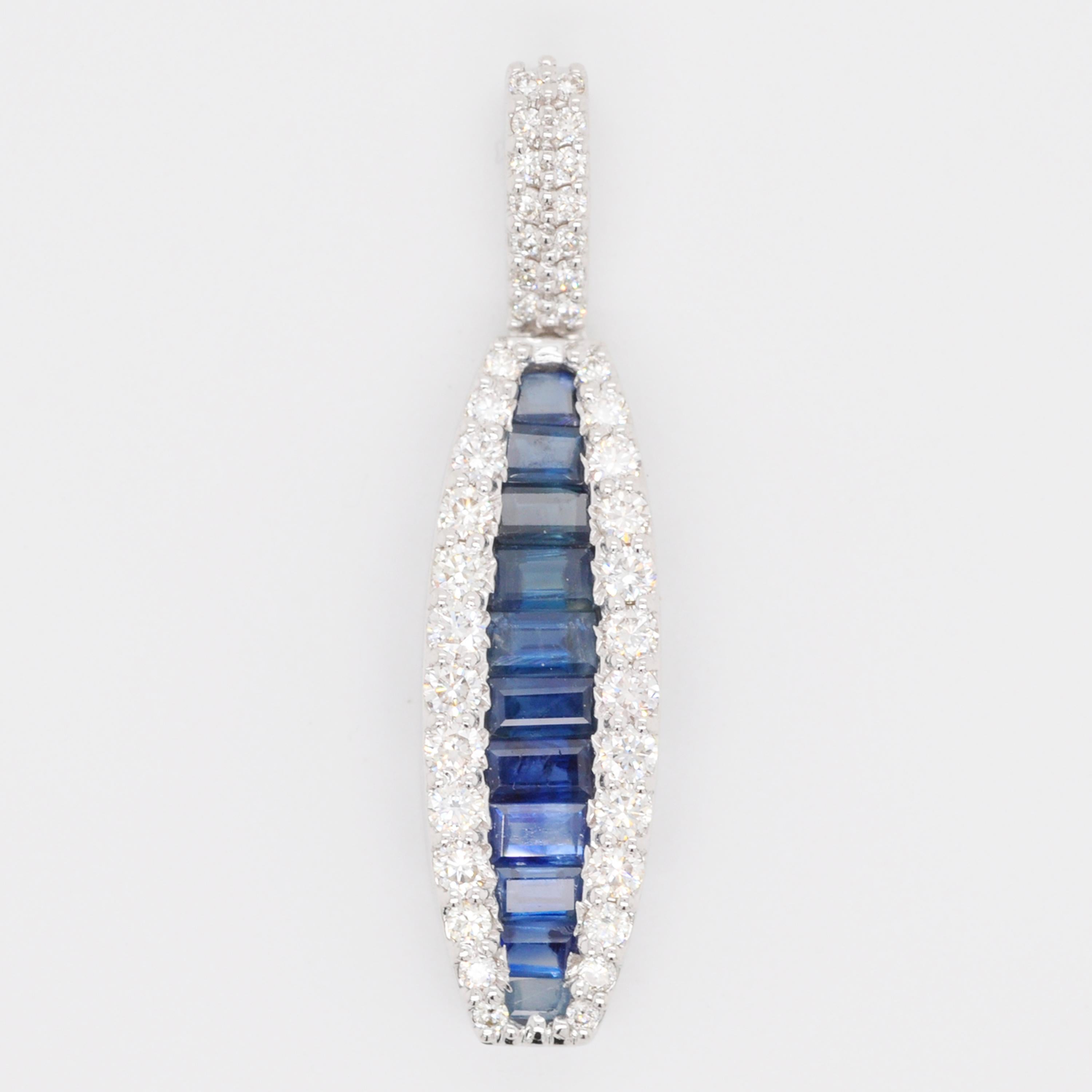 Women's 18 Karat Gold Channel Set Blue Sapphire Baguette Diamond Linear Pendant Necklace