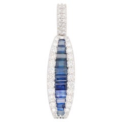 18 Karat Gold Channel Set Blue Sapphire Baguette Diamond Linear Pendant Necklace