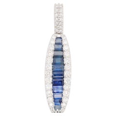 18 Karat Gold Blauer Saphir Baguette Diamant Linear Anhänger Halskette mit Kanalfassung