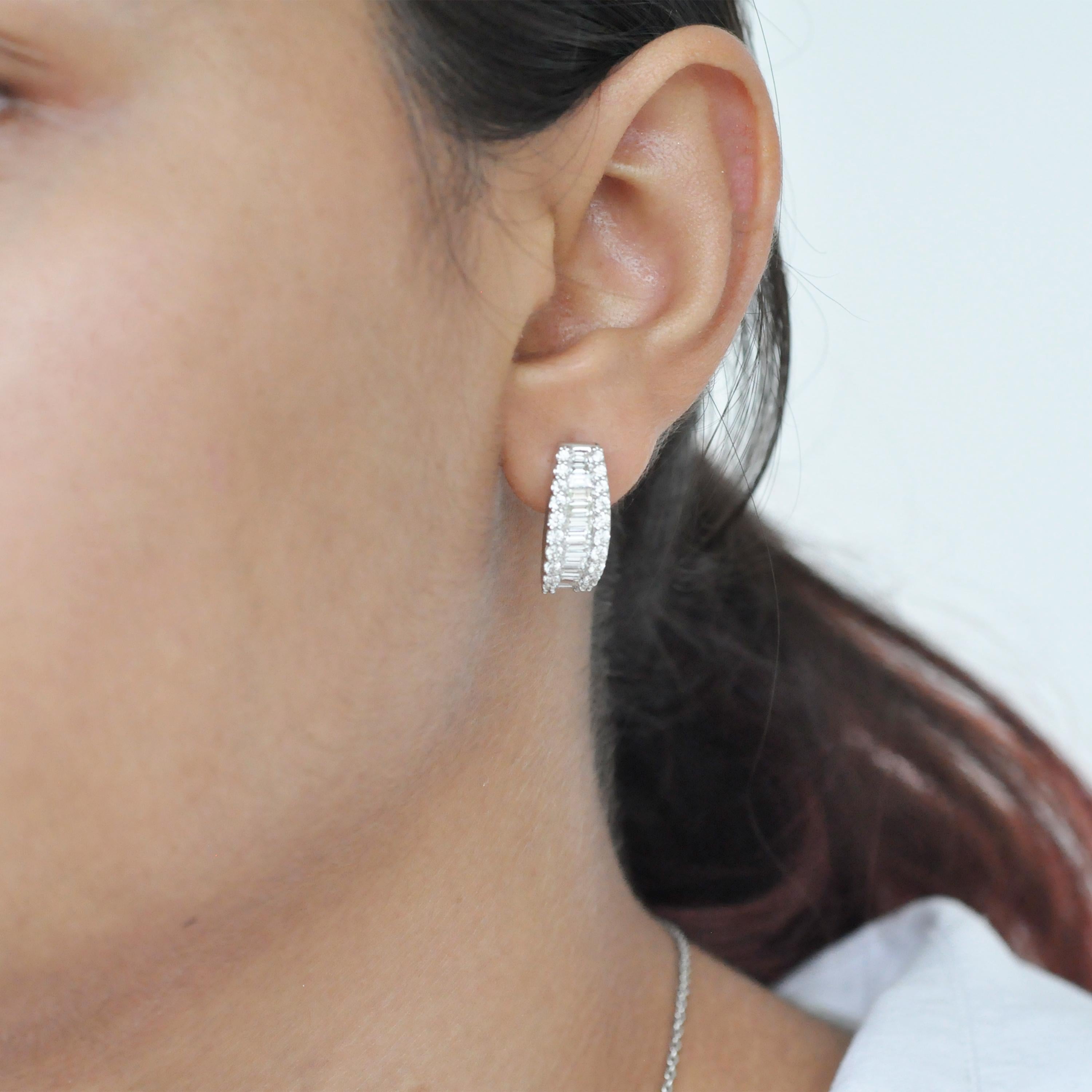 18 Karat White Gold Channel Set Diamond Baguette Huggie Hoop Earrings 2