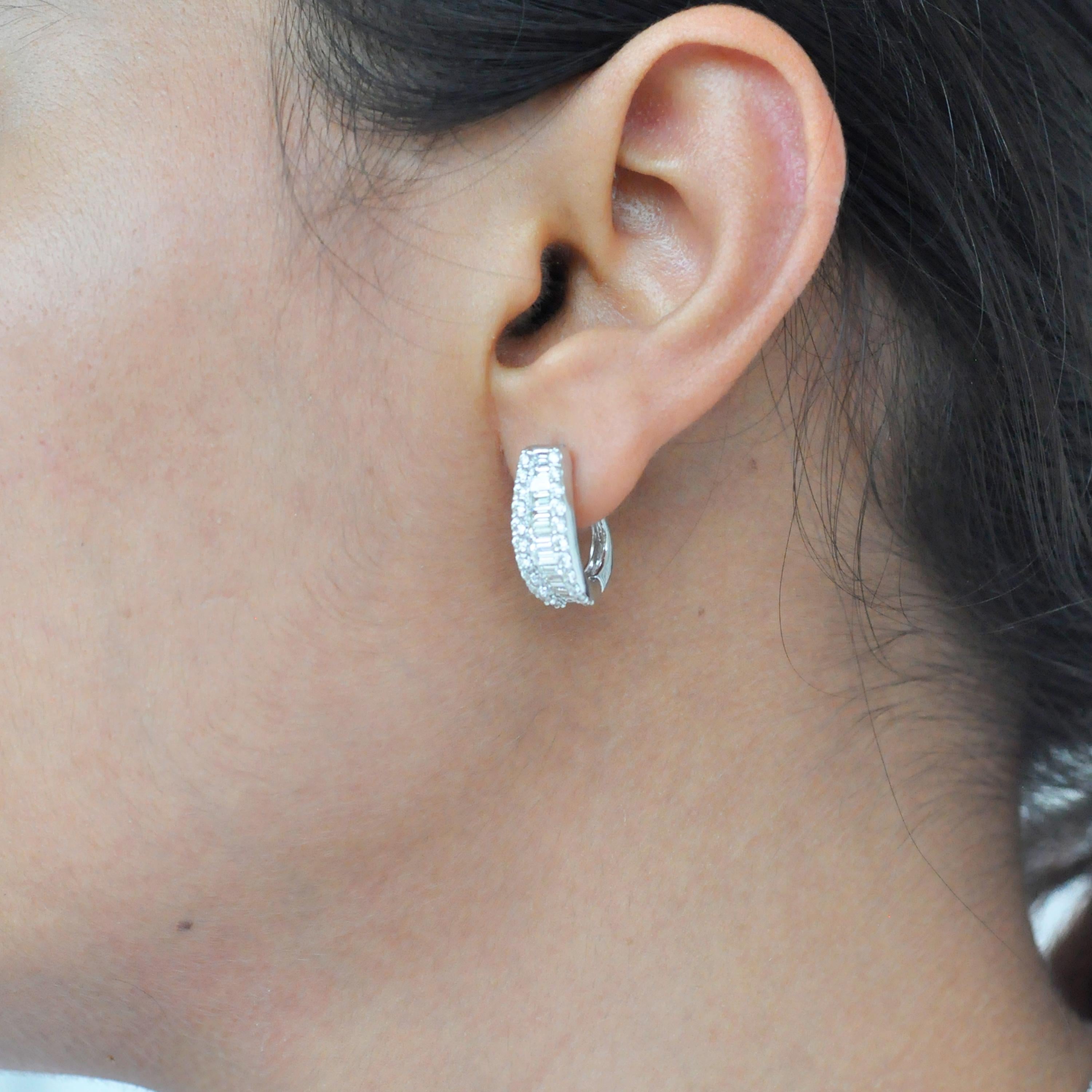 18 Karat White Gold Channel Set Diamond Baguette Huggie Hoop Earrings