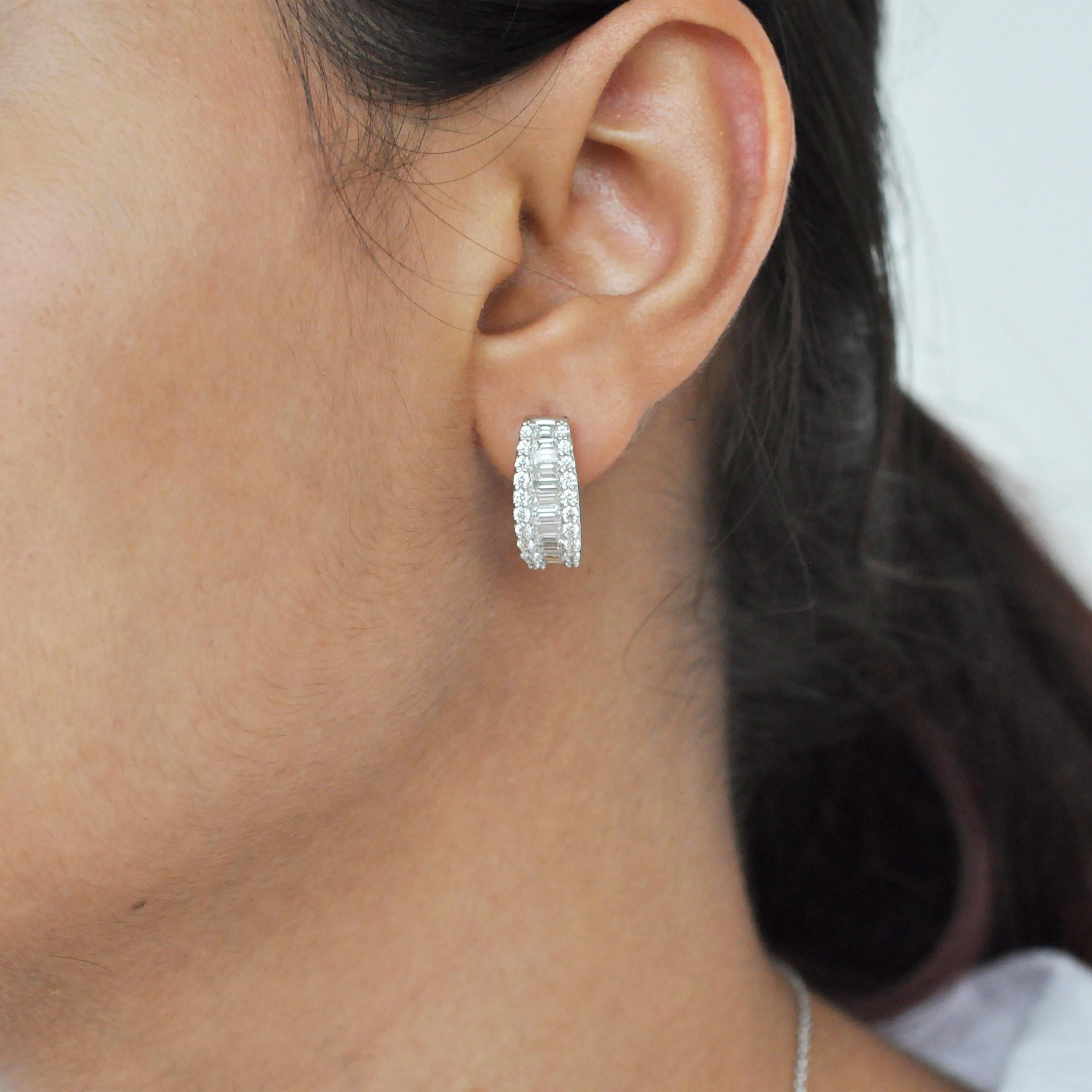 18 Karat White Gold Channel Set Diamond Baguette Huggie Hoop Earrings