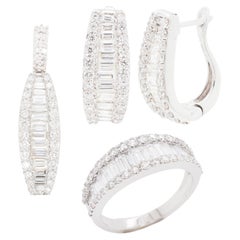 18 Karat Gold Channel Set Diamond Baguette Pendant Huggie Hoop Earrings Ring Set