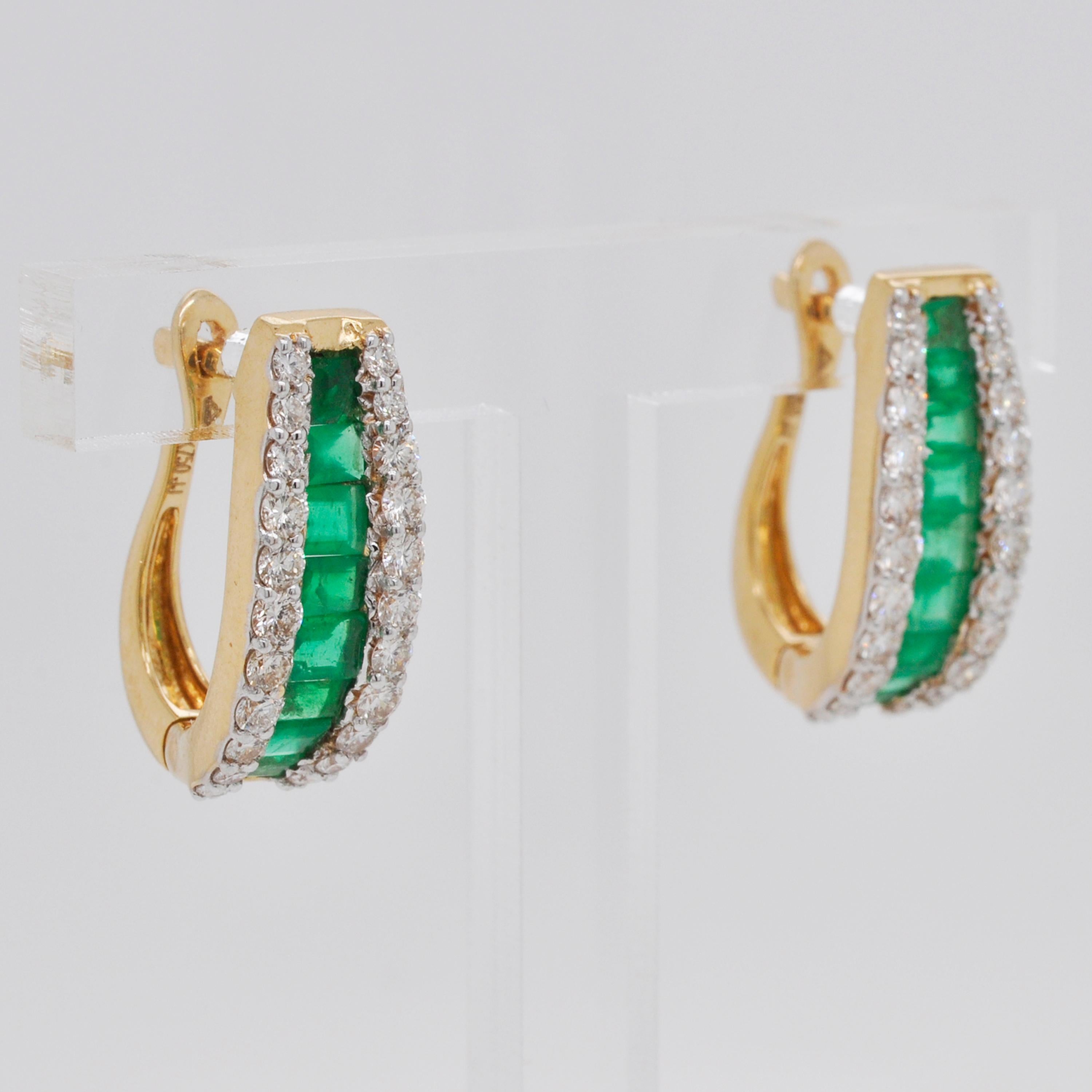 Contemporary 18 Karat Gold Channel Set Emerald Baguette Diamond Linear Huggie Hoop Earrings For Sale