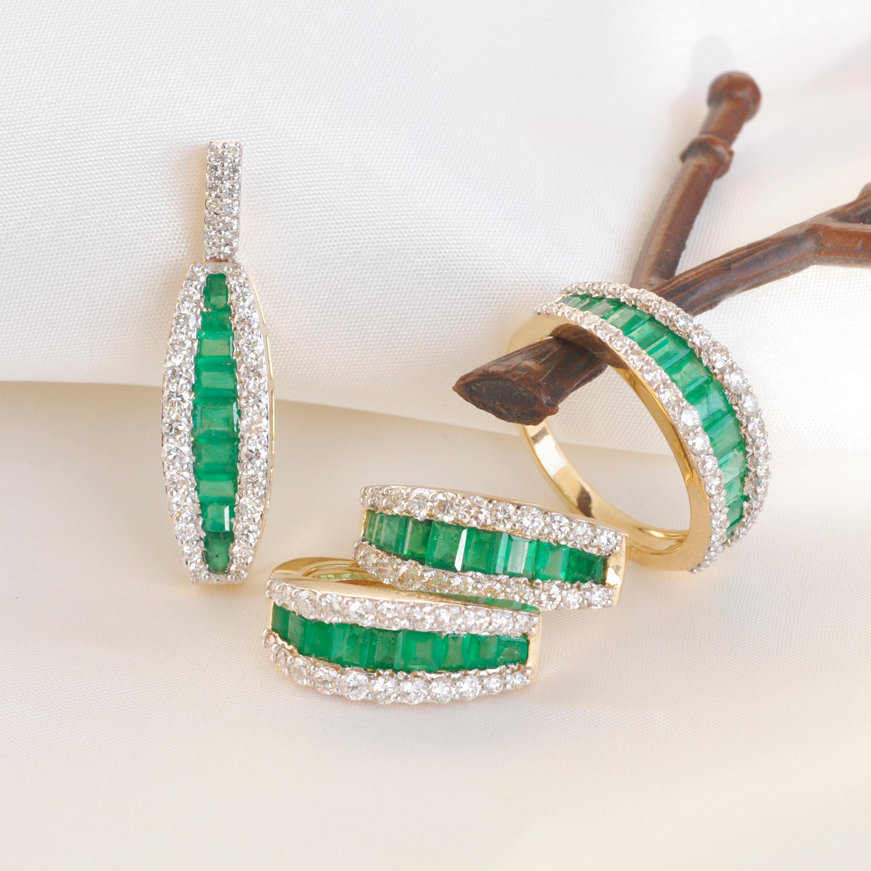 18 Karat Gold Channel Set Emerald Baguette Diamond Linear Huggie Hoop Earrings For Sale 4
