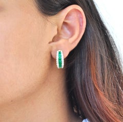 18 Karat Gold Channel Set Emerald Baguette Diamond Linear Huggie Hoop Earrings