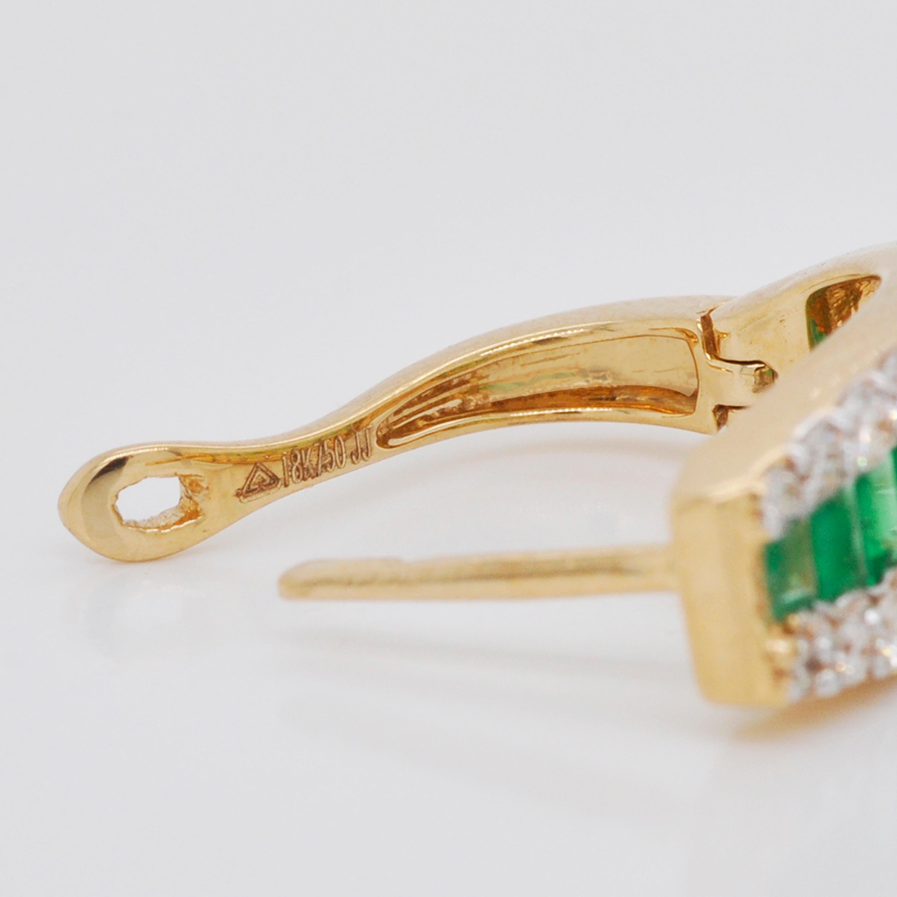 18 Karat Gold Channel Set Emerald Baguette Diamond Linear Huggie Hoop Earrings For Sale 3