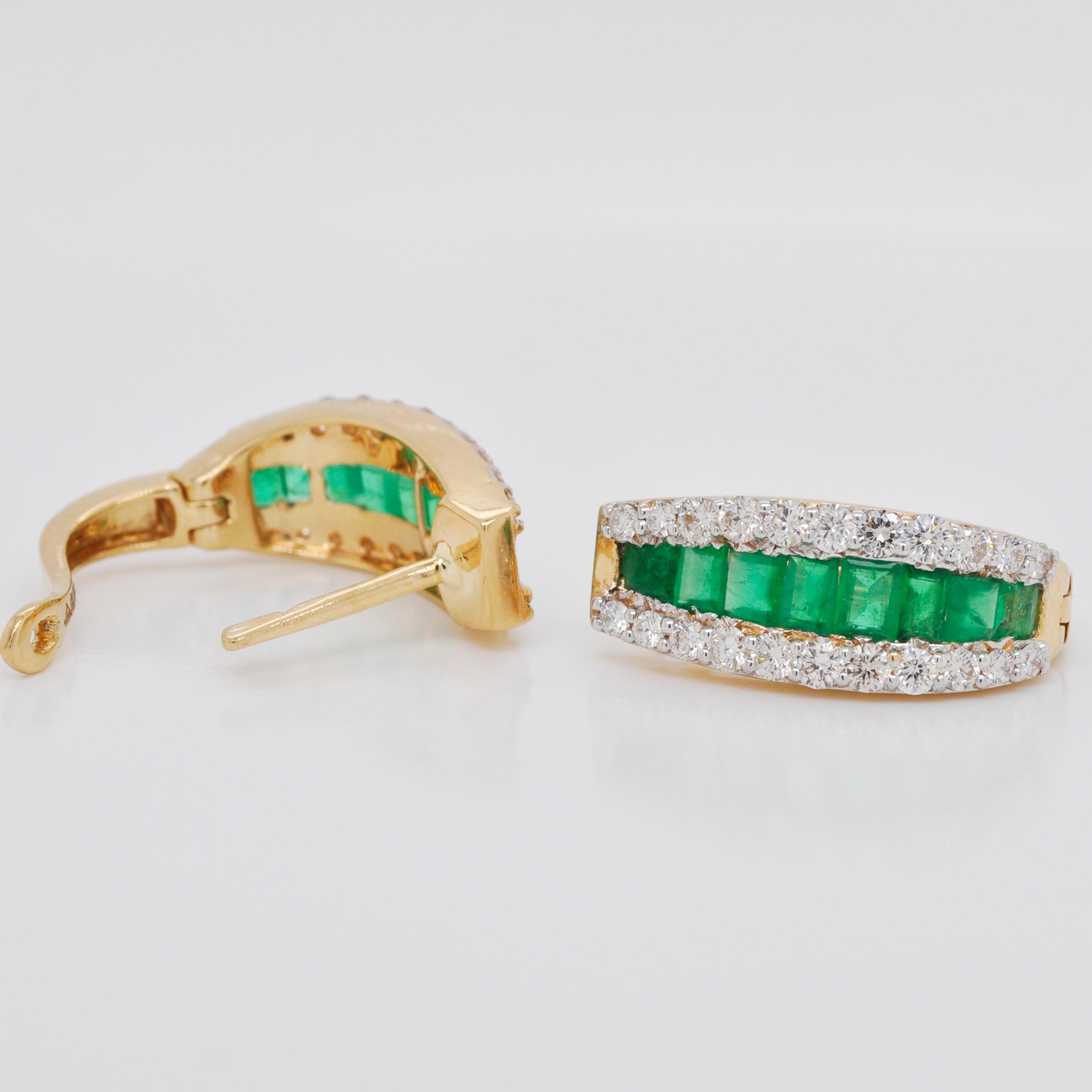 Baguette Cut 18 Karat Gold Channel Set Emerald Baguette Diamond Linear Huggie Hoop Earrings For Sale