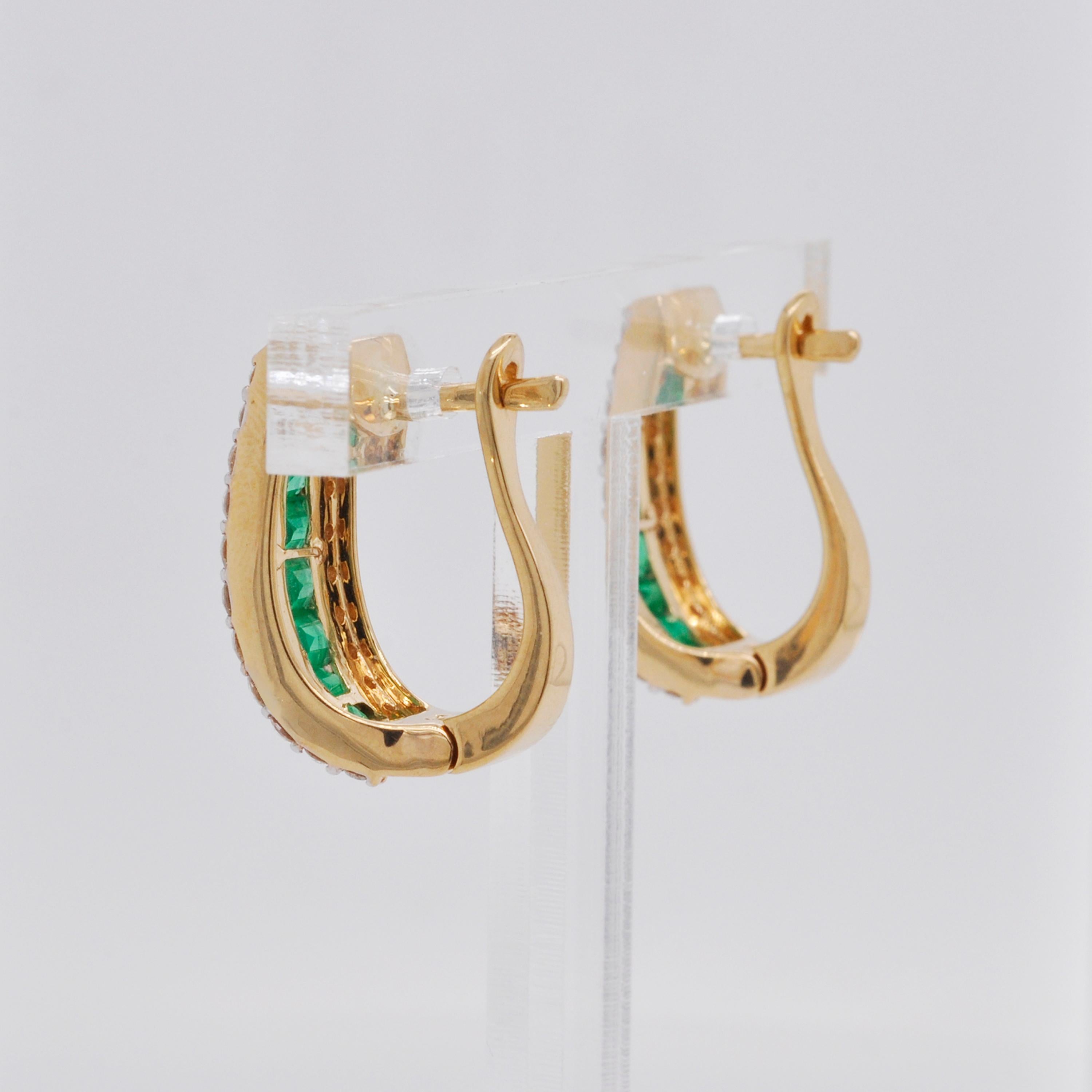 18 Karat Gold Channel Set Emerald Baguette Diamond Linear Huggie Hoop Earrings For Sale 2