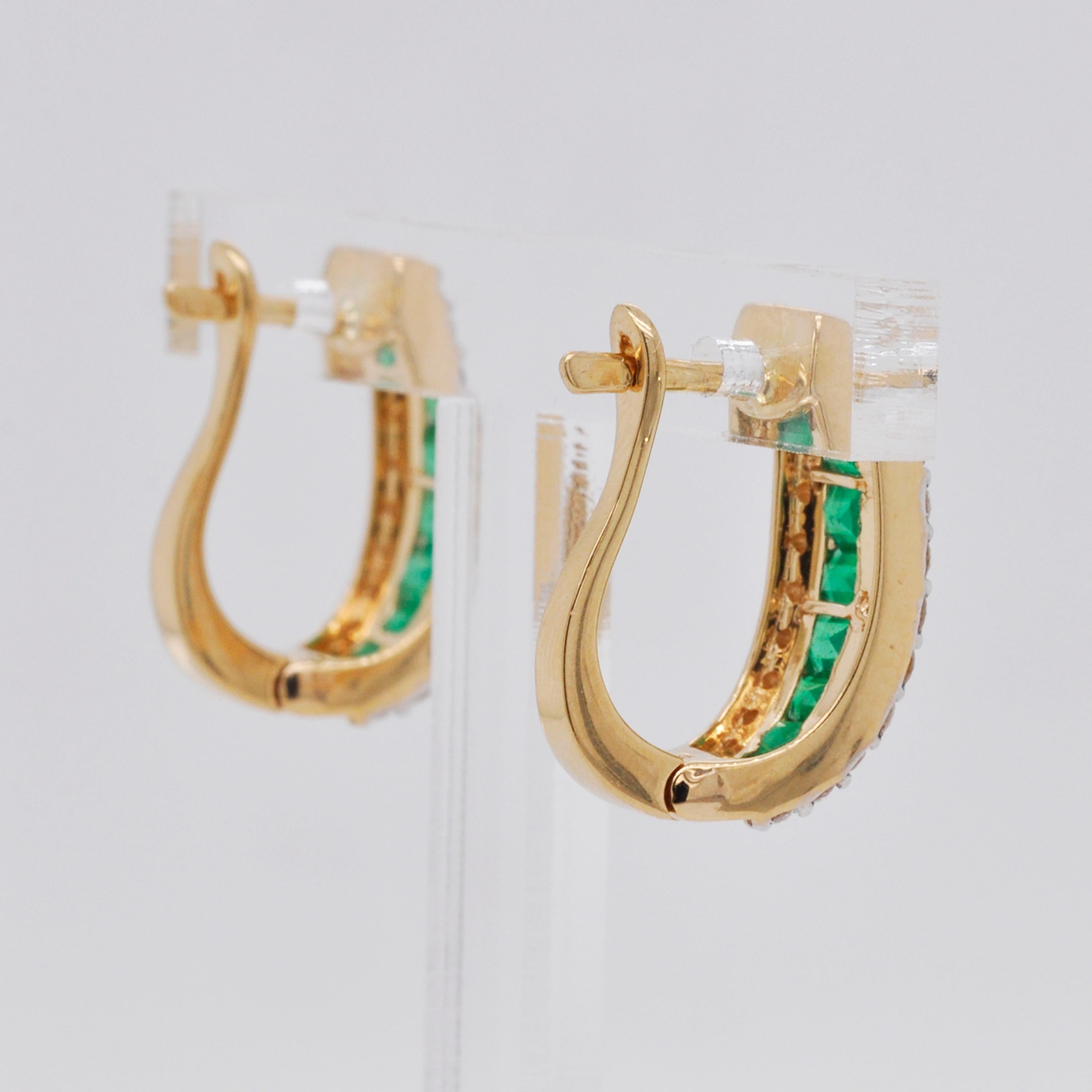 Women's 18 Karat Gold Channel Set Emerald Baguette Diamond Linear Huggie Hoop Earrings For Sale