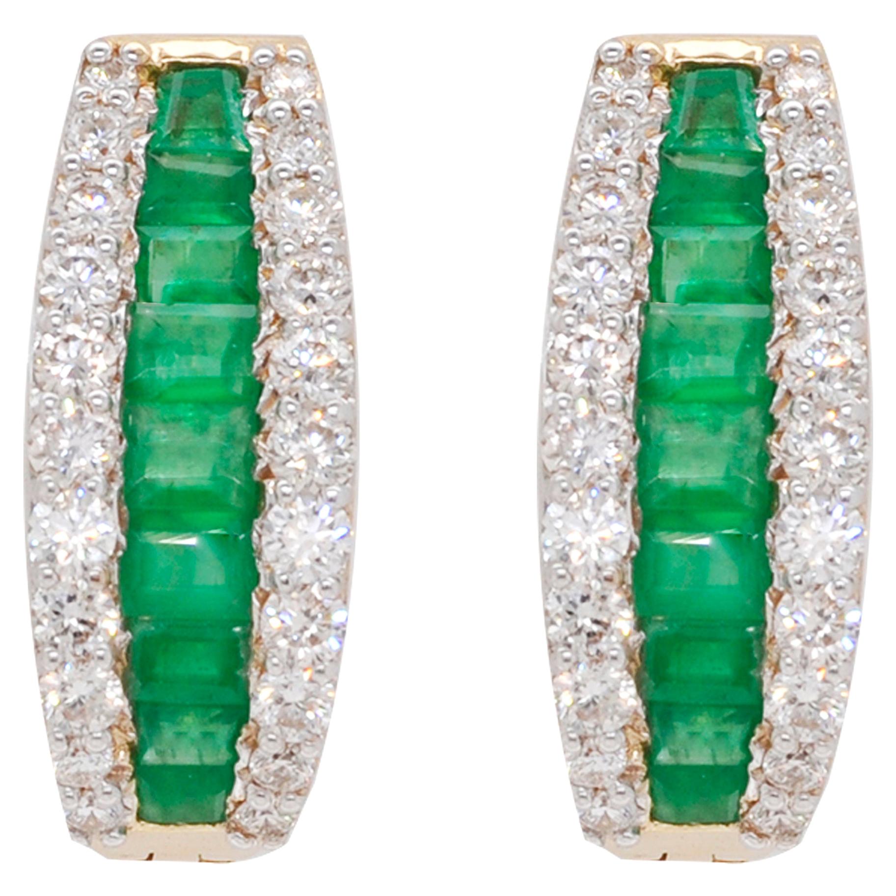 18 Karat Gold Channel Set Emerald Baguette Diamond Linear Huggie Hoop Earrings For Sale