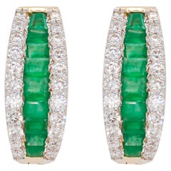 18 Karat Gold Channel Set Emerald Baguette Diamond Linear Huggie Hoop Earrings
