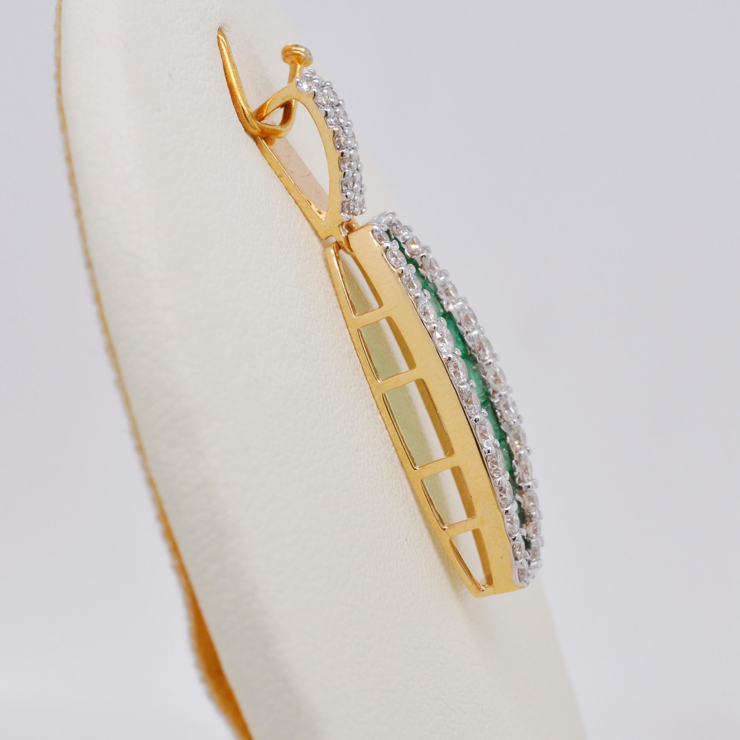 Baguette Cut 18 Karat Gold Channel Set Emerald Baguette Diamond Linear Pendant Necklace For Sale