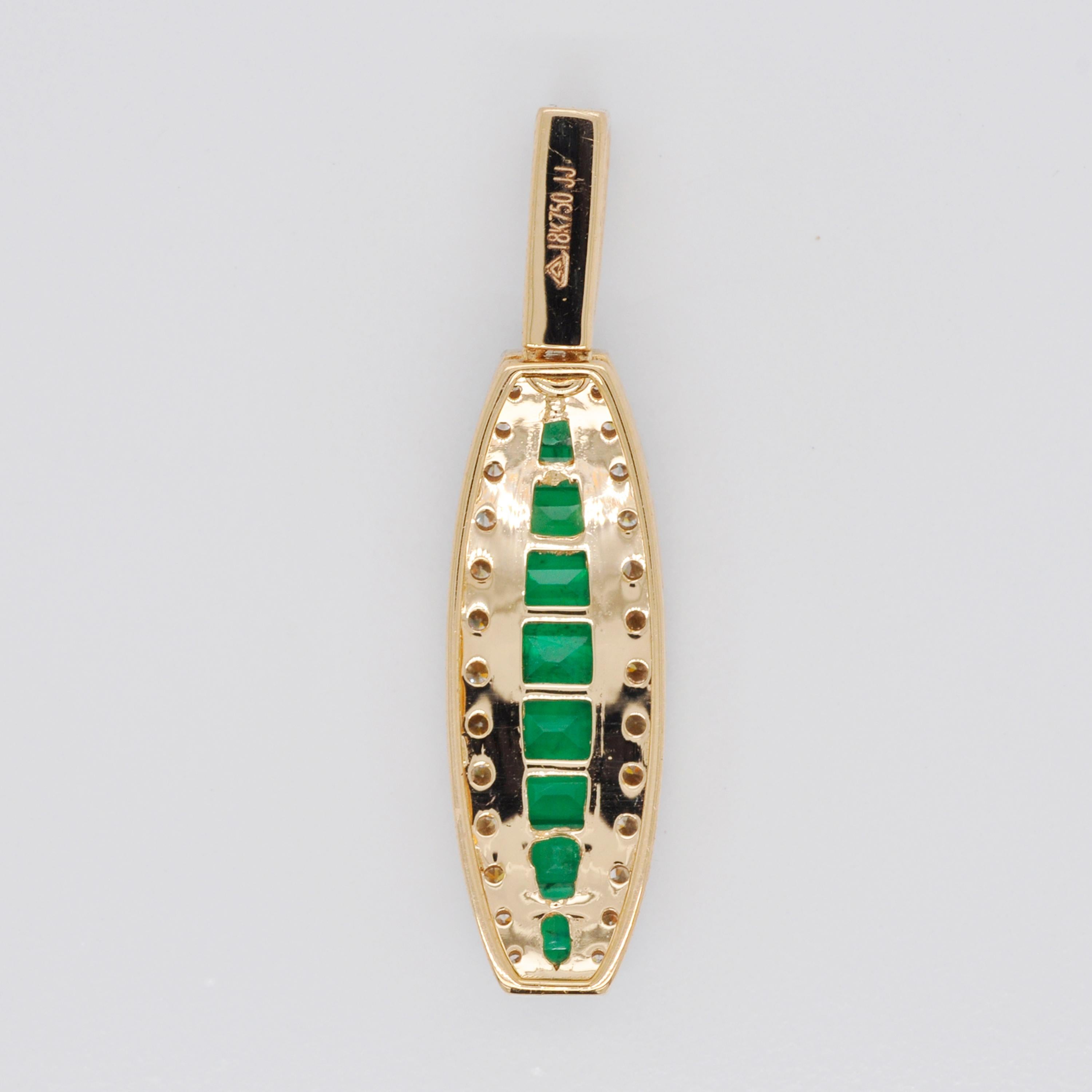 Women's 18 Karat Gold Channel Set Emerald Baguette Diamond Linear Pendant Necklace For Sale