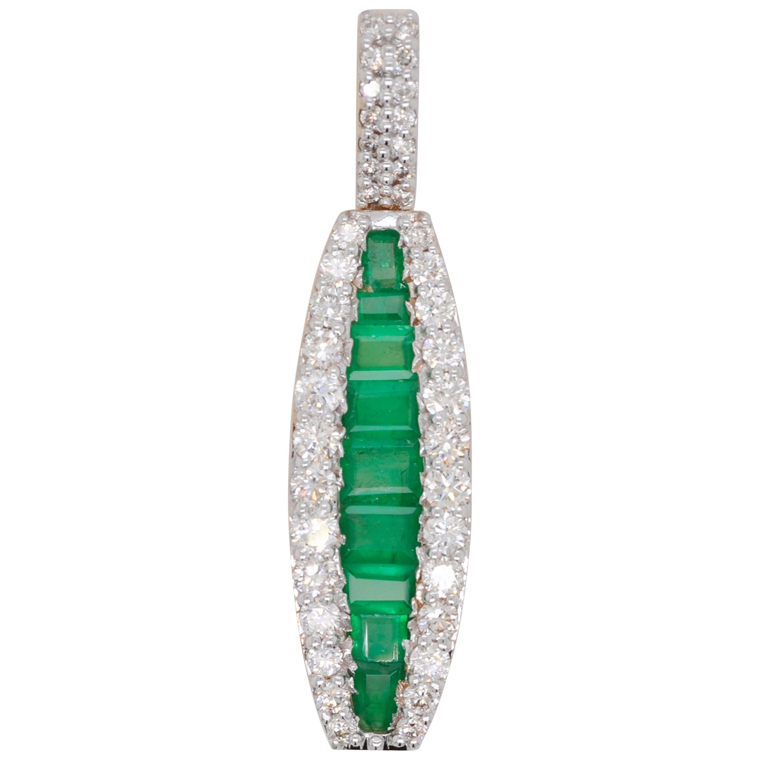 18 Karat Gold Channel Set Emerald Baguette Diamond Linear Pendant Necklace