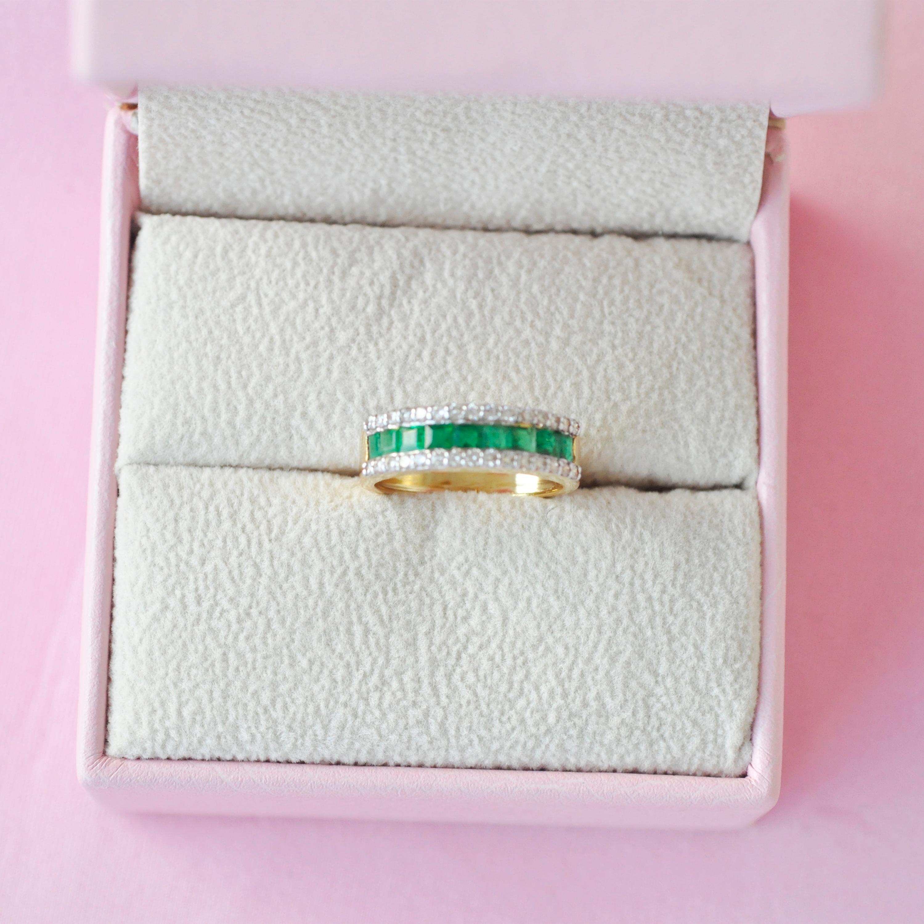 Art Deco 18 Karat Gold Channel Set Emerald Cut Sandawana Emerald Diamond Band Ring For Sale