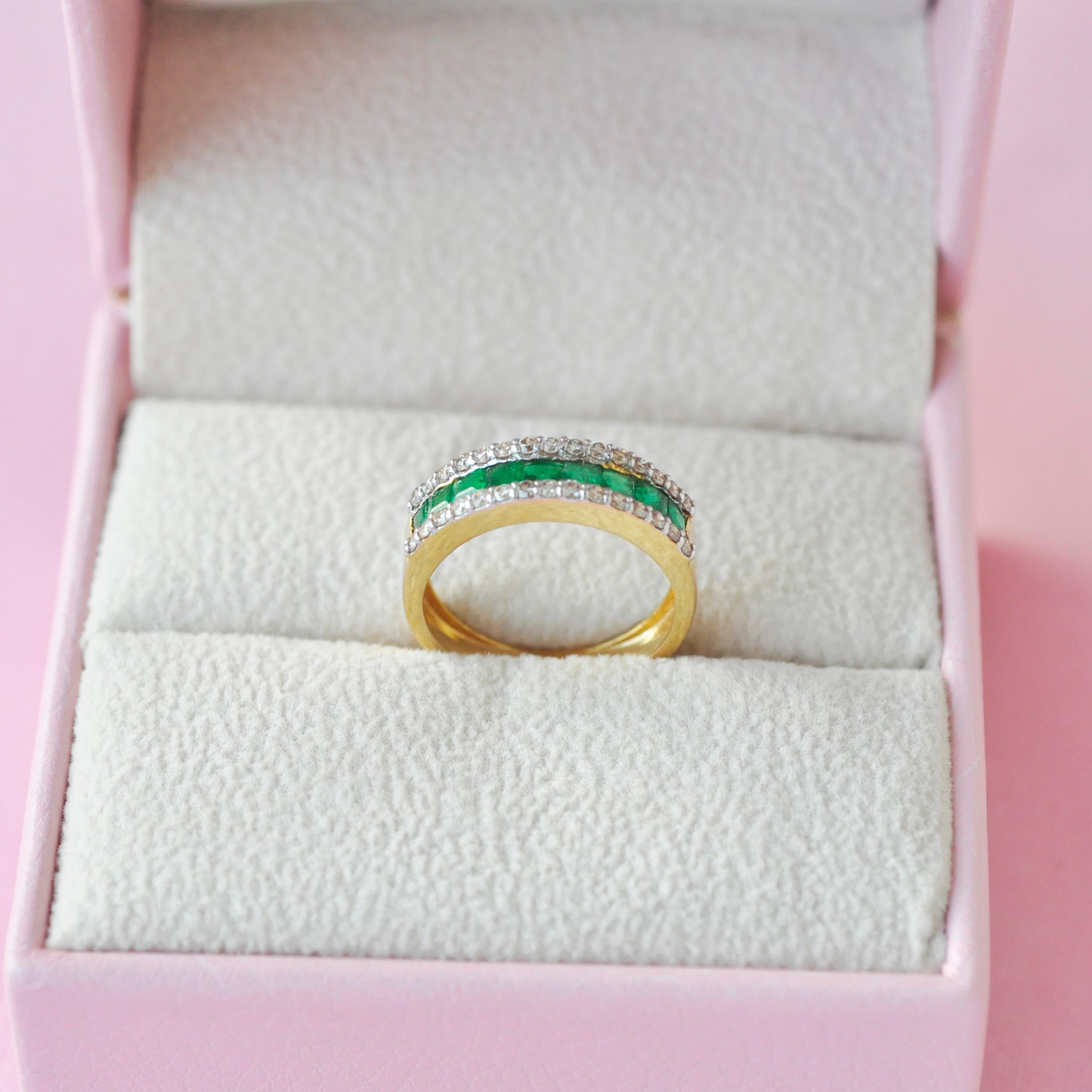 Princess Cut 18 Karat Gold Channel Set Emerald Cut Sandawana Emerald Diamond Band Ring For Sale