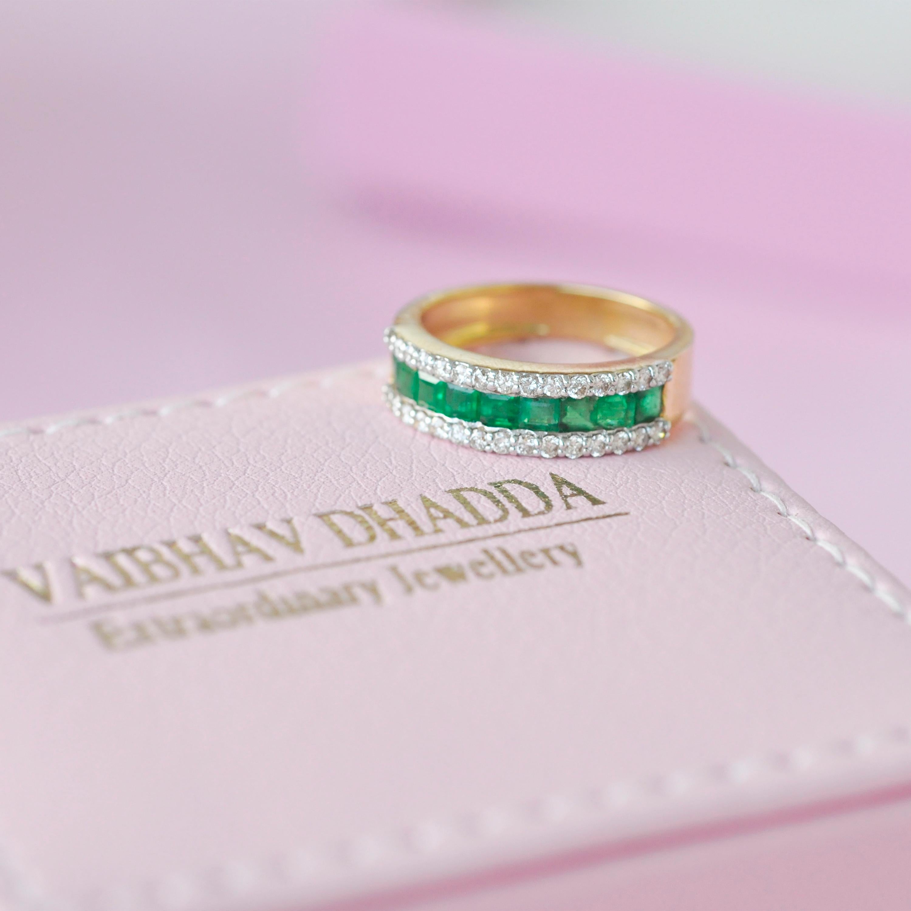 Women's or Men's 18 Karat Gold Channel Set Emerald Cut Sandawana Emerald Diamond Band Ring For Sale
