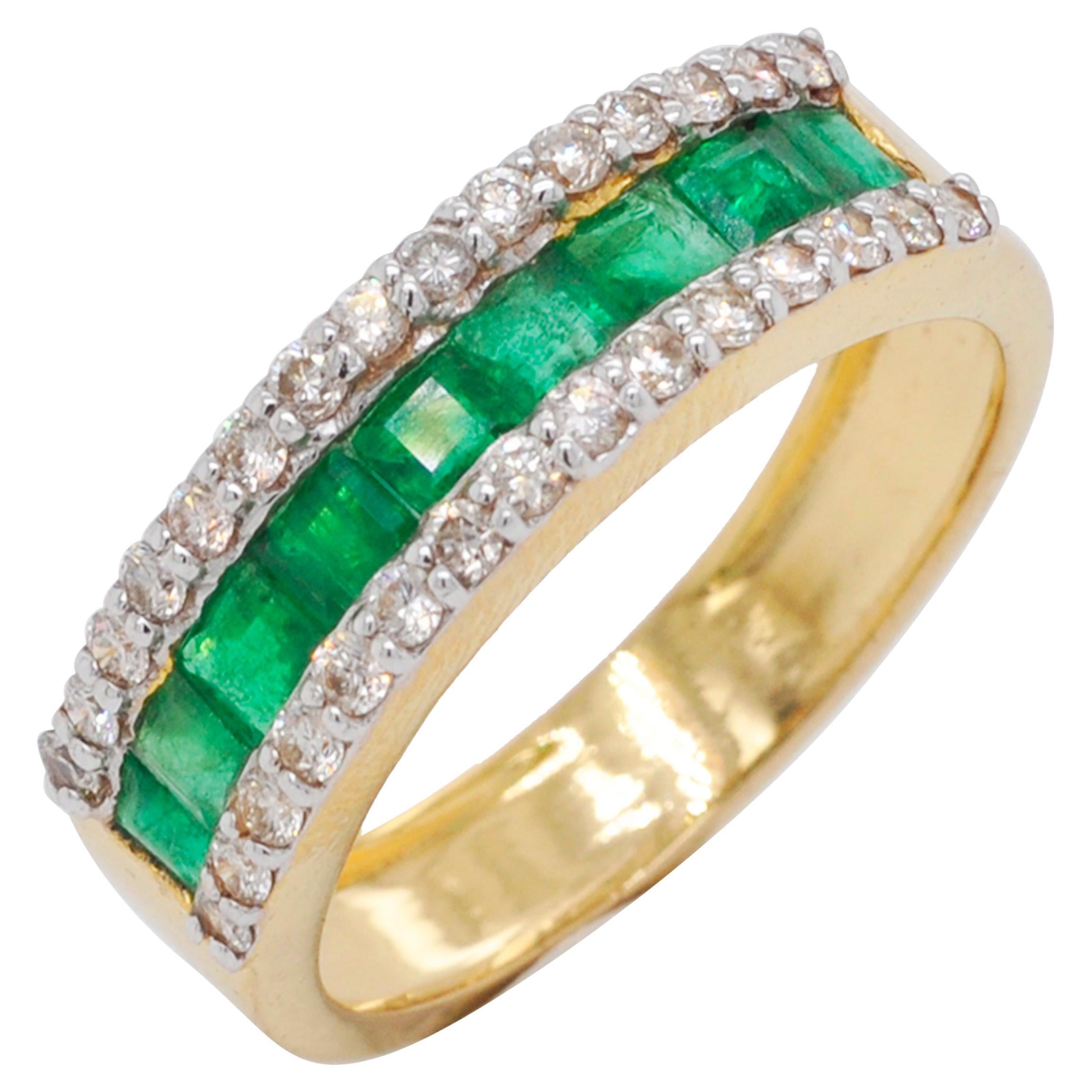 18 Karat Gold Channel Set Emerald Cut Sandawana Emerald Diamond Band Ring For Sale
