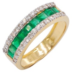 18 Karat Gold Channel Set Emerald Cut Sandawana Emerald Diamond Band Ring