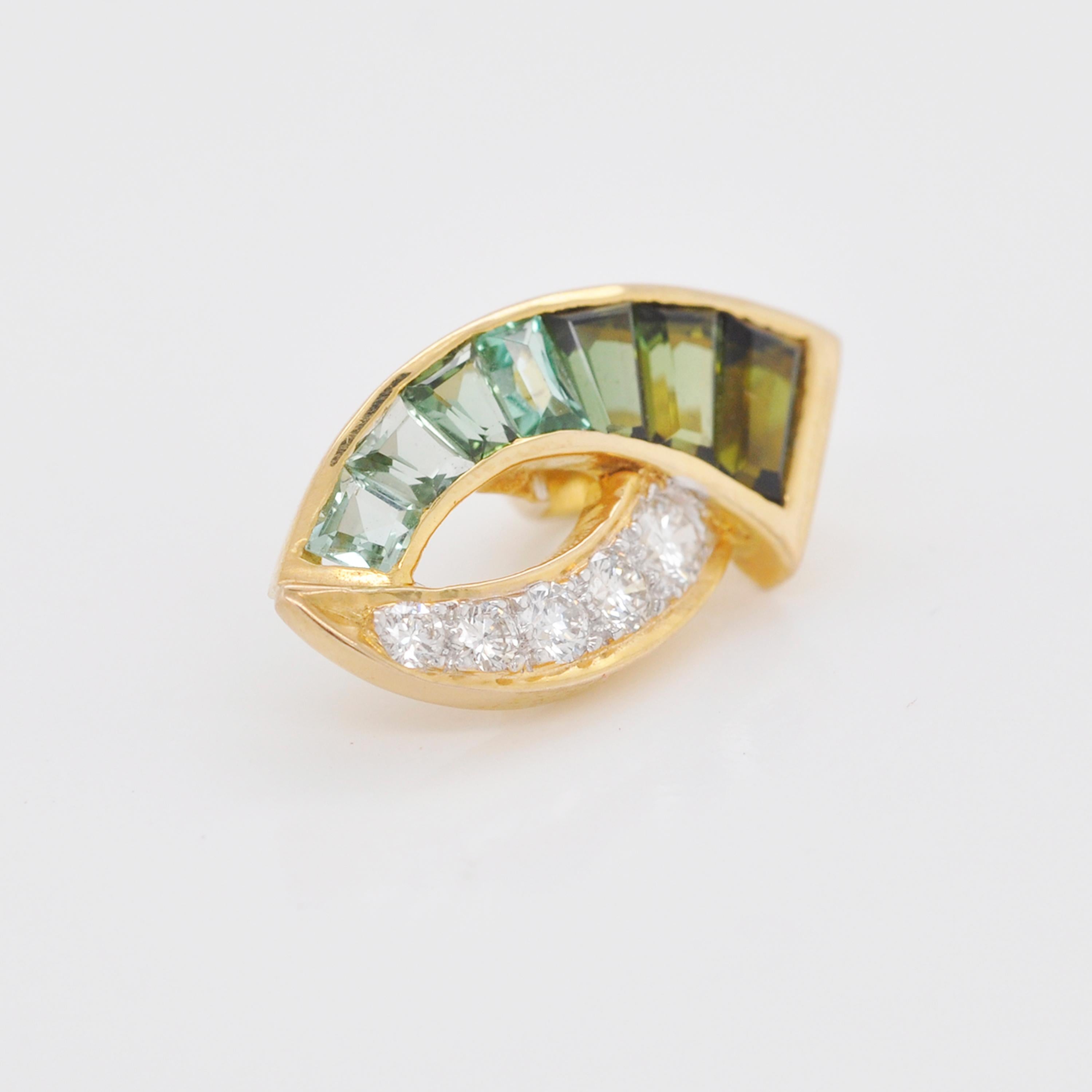 Women's 18 Karat Gold Channel Set Green Tourmaline Baguette Diamond Pendant Necklace For Sale