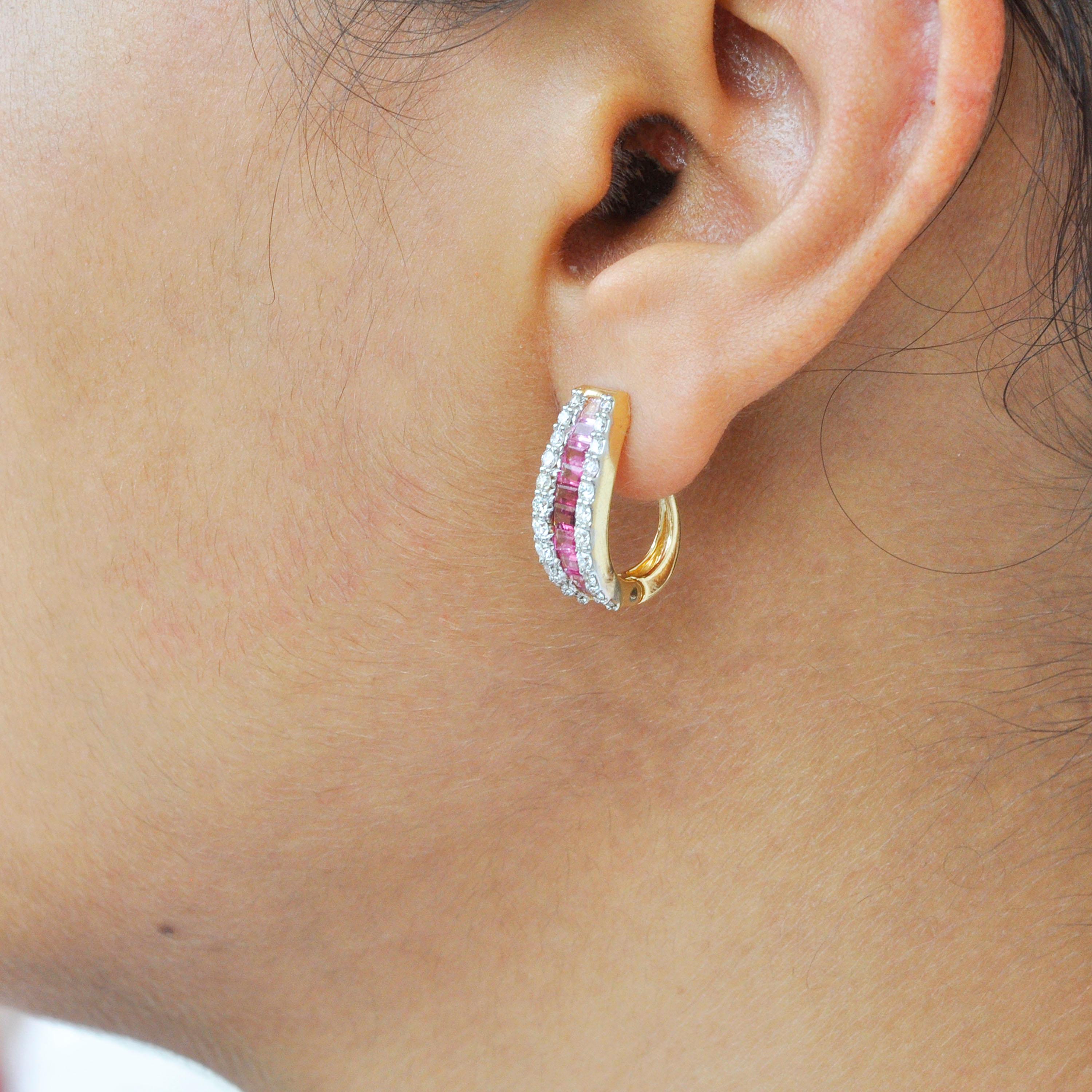 18 Karat Gold Channel Set Pink Tourmaline Baguette Diamond Huggies Hoop Earrings 5