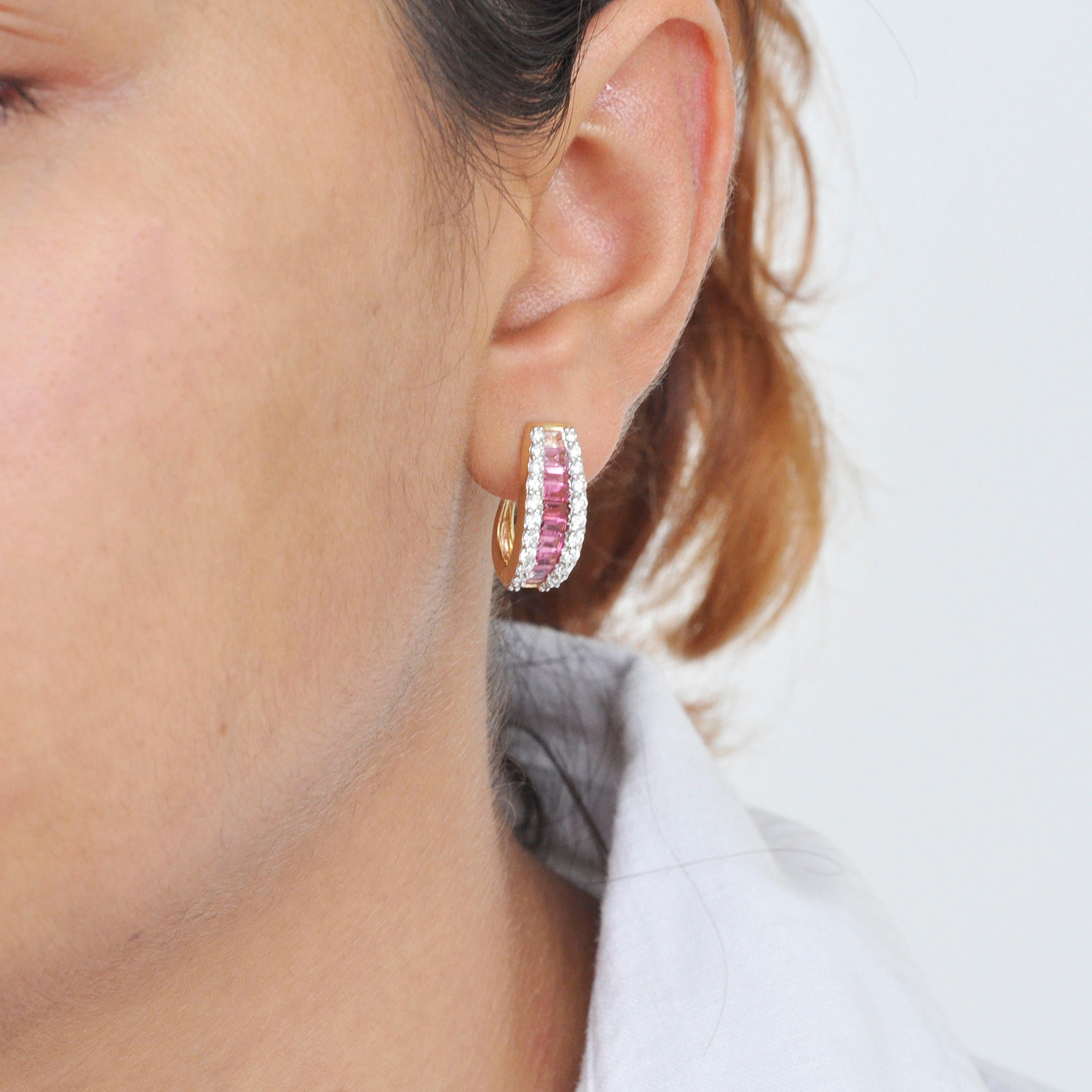 18 Karat Gold Channel Set Pink Tourmaline Baguette Diamond Huggies Hoop Earrings 7