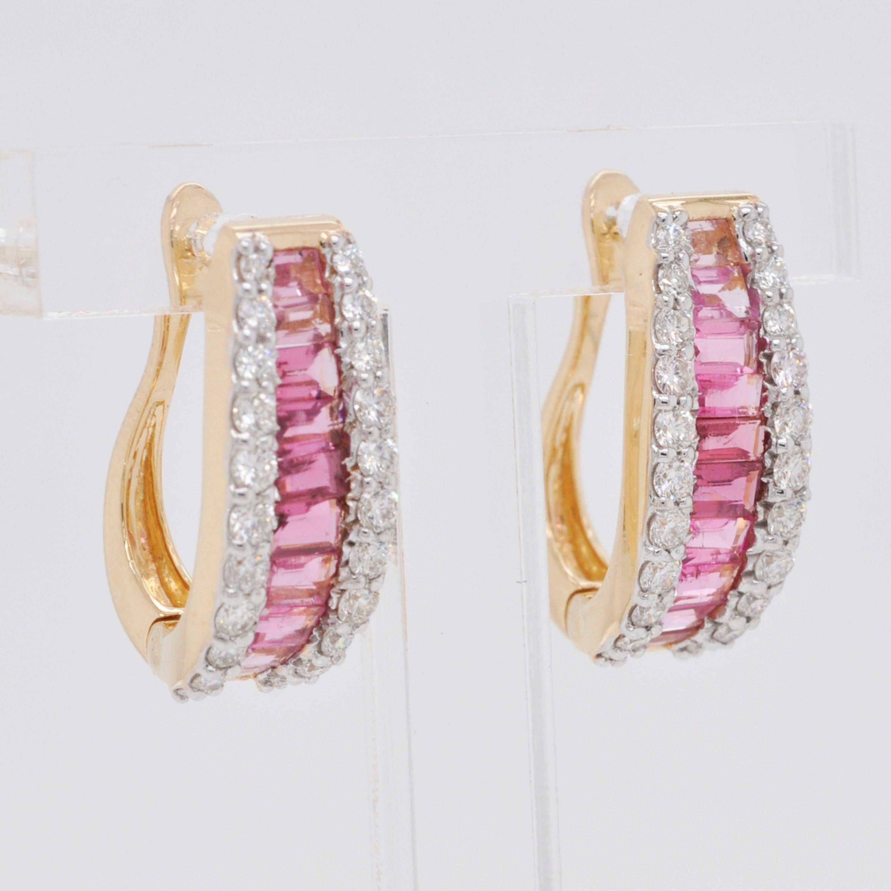 Contemporary 18 Karat Gold Channel Set Pink Tourmaline Baguette Diamond Huggies Hoop Earrings
