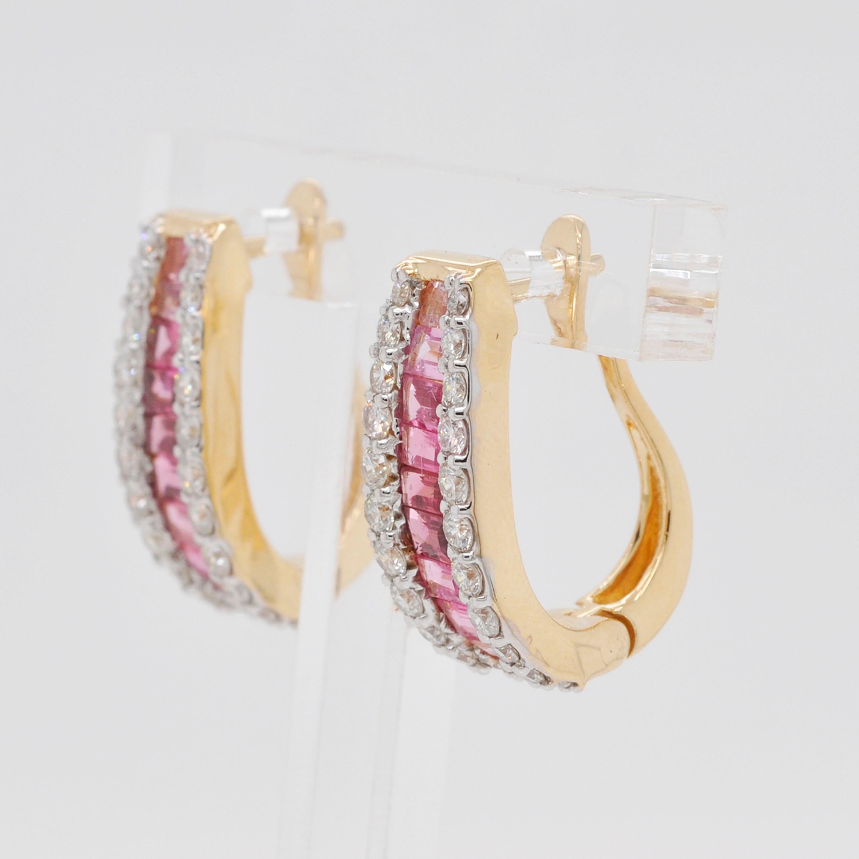 Baguette Cut 18 Karat Gold Channel Set Pink Tourmaline Baguette Diamond Huggies Hoop Earrings