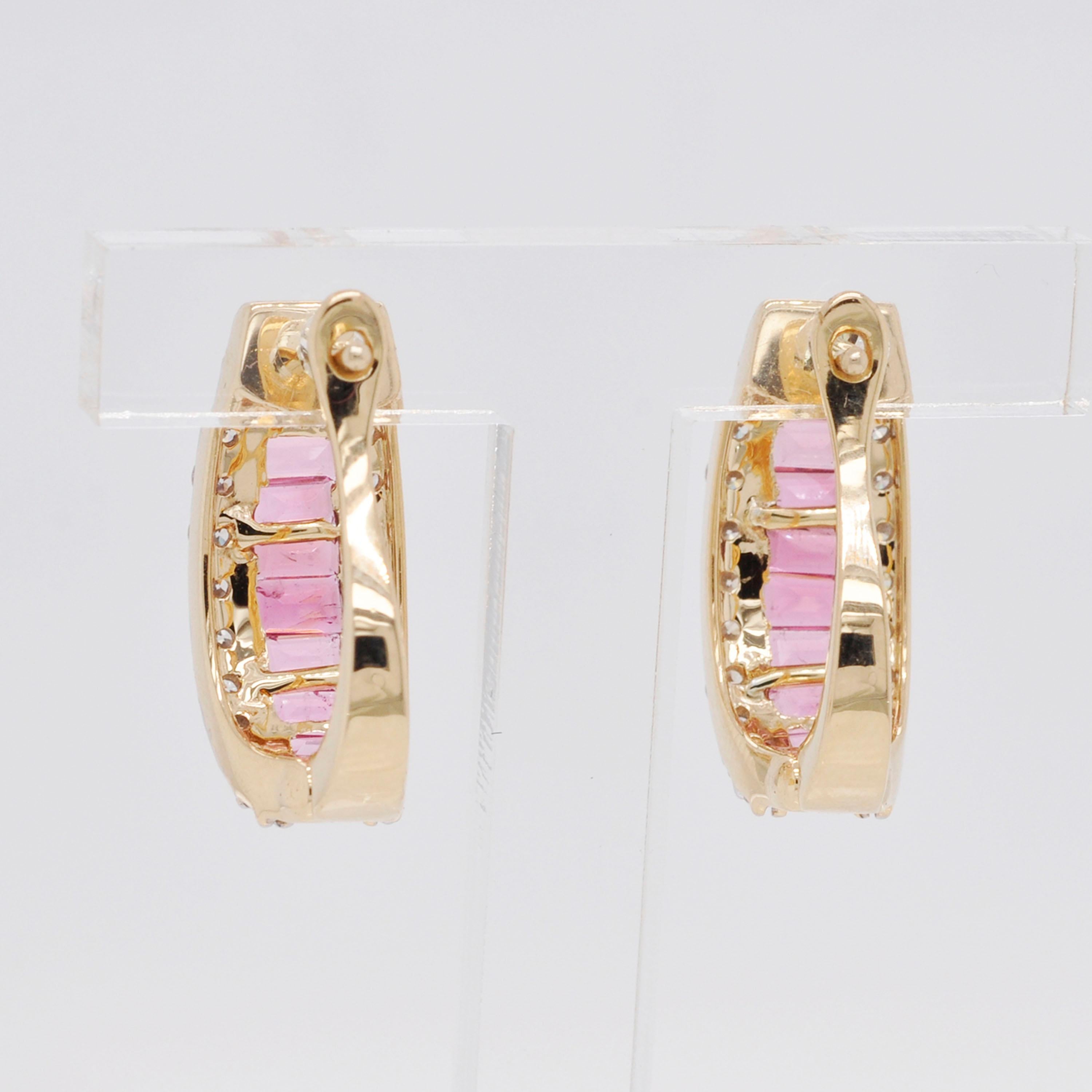 Women's 18 Karat Gold Channel Set Pink Tourmaline Baguette Diamond Huggies Hoop Earrings