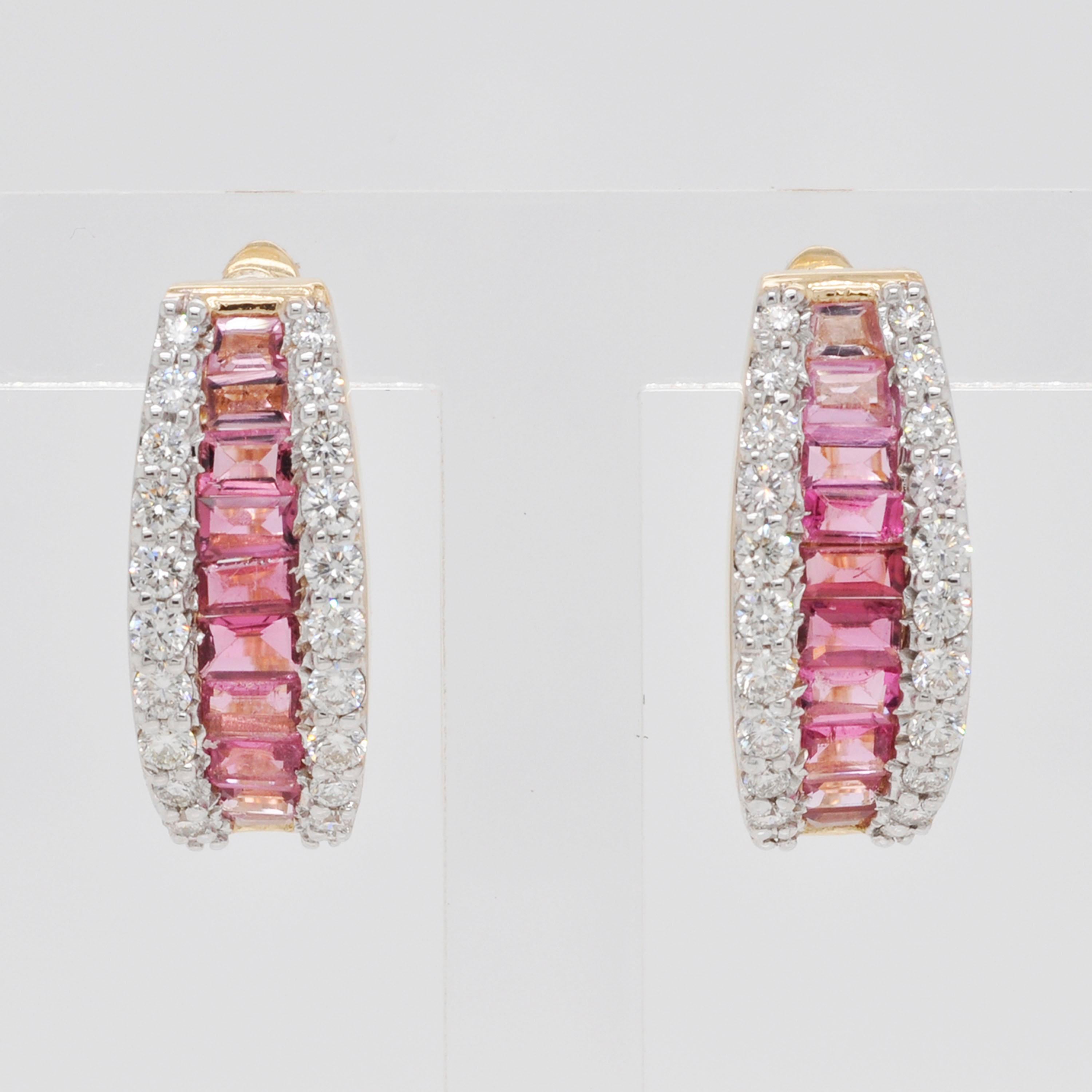 18 Karat Gold Channel Set Pink Tourmaline Baguette Diamond Huggies Hoop Earrings 2