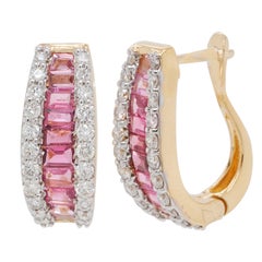 18 Karat Gold Channel Set Pink Tourmaline Baguette Diamond Huggies Hoop Earrings