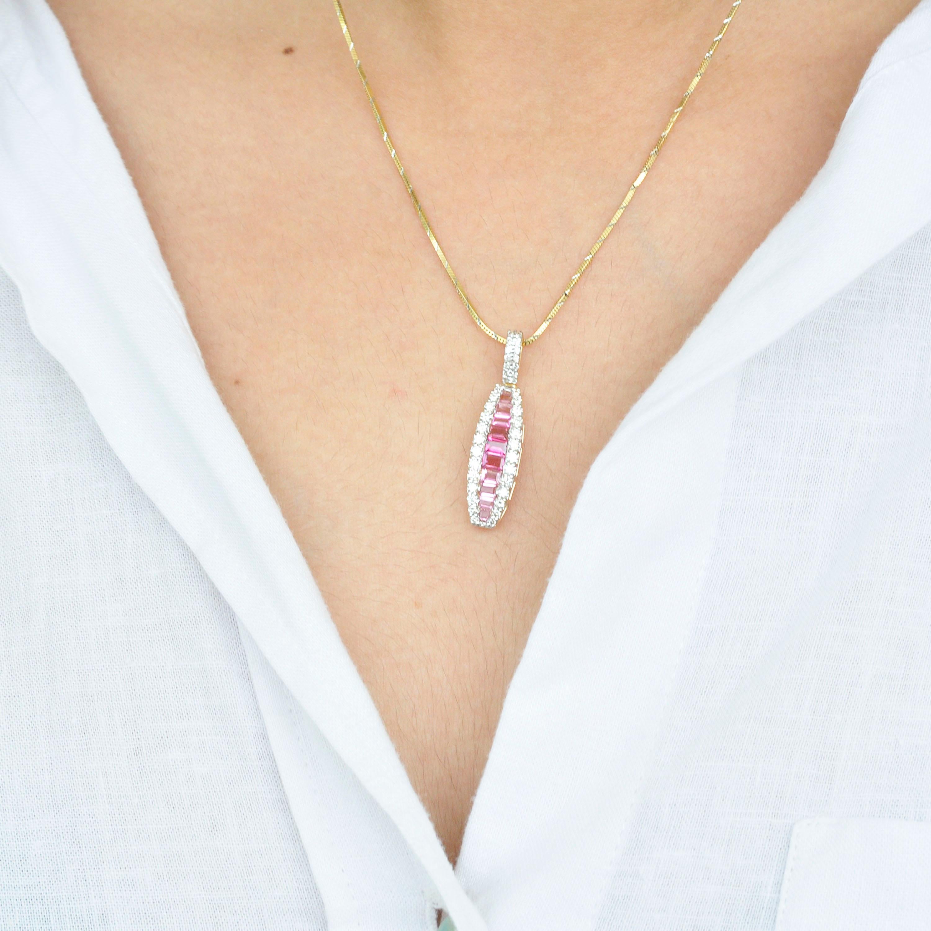 18 Karat Gold Channel Set Pink Tourmaline Baguette Diamond Pendant Necklace For Sale 4