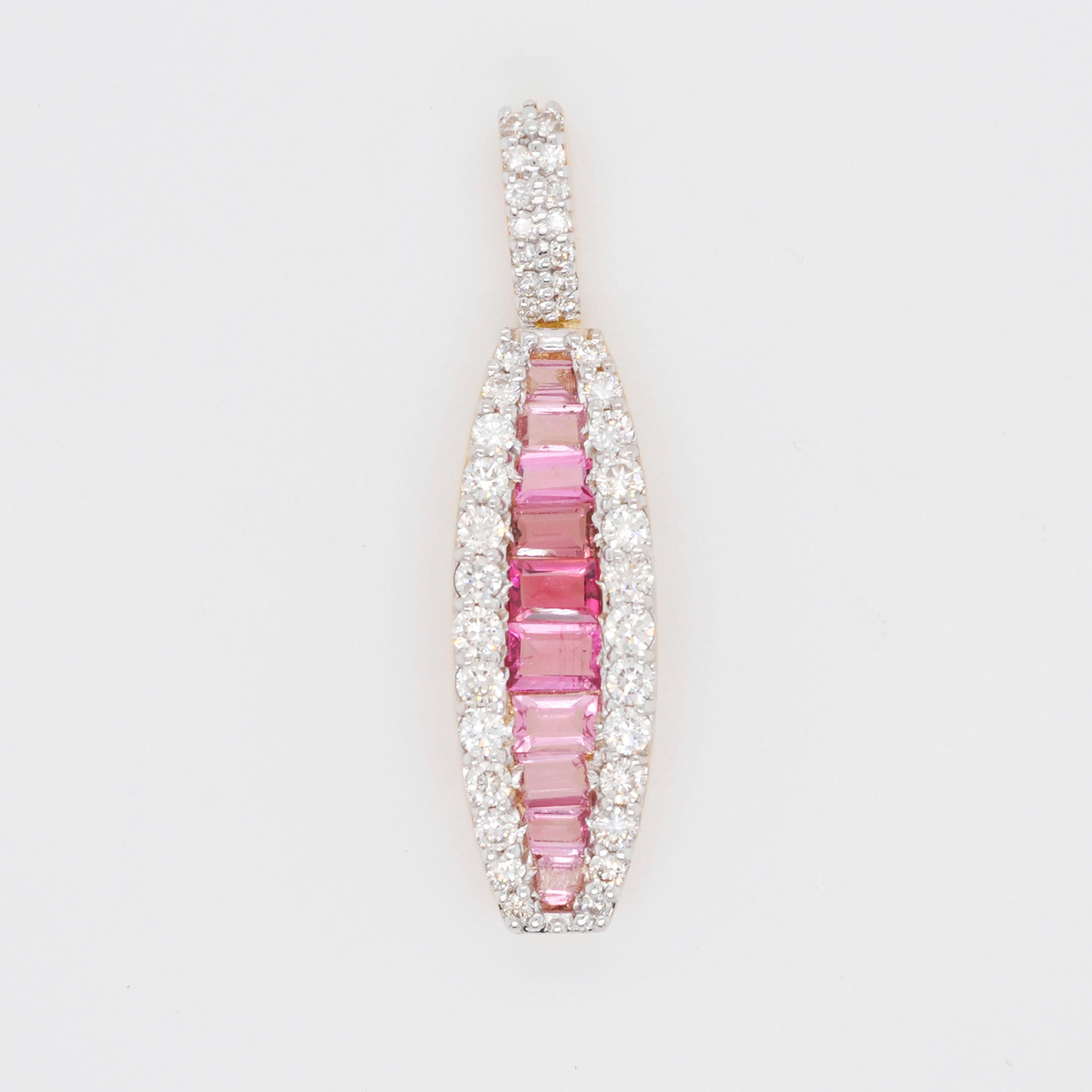 18 karat gold channel set pink tourmaline baguette diamond linear pendant necklace.

The enchanting pendant with the shades of pink tourmalines incorporated within an equivalent layer of micro pave set diamonds on either is distinctive in its very