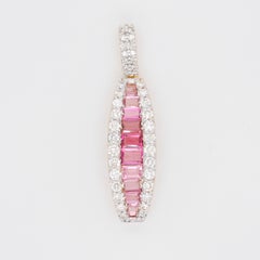 18 Karat Gold Channel Set Pink Tourmaline Baguette Diamond Pendant Necklace