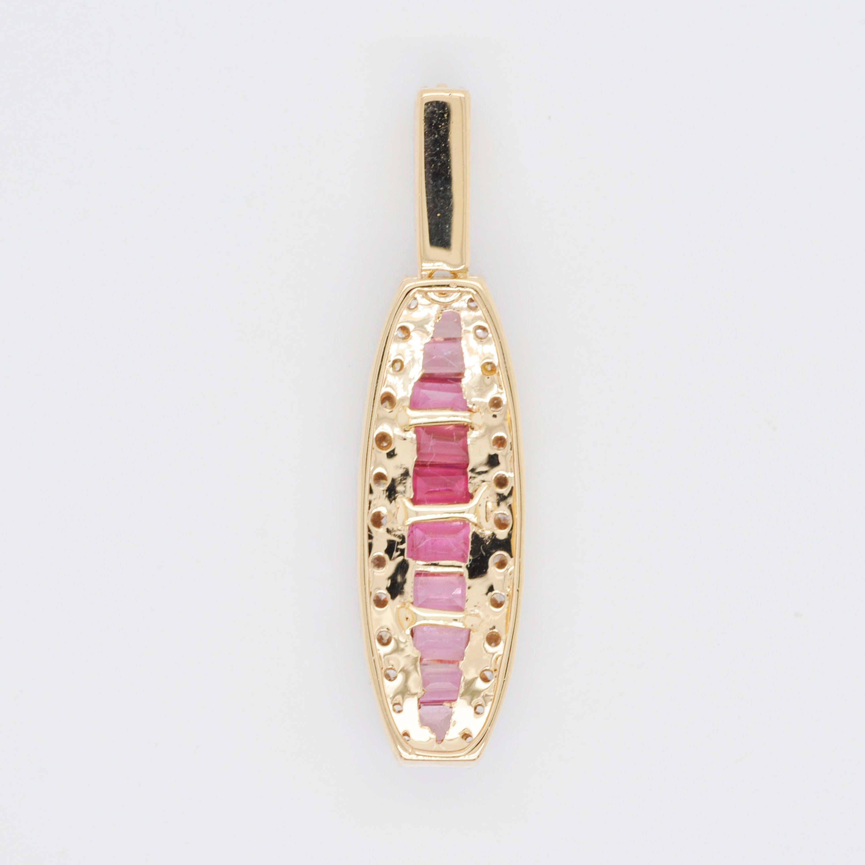 Women's 18 Karat Gold Channel Set Pink Tourmaline Baguette Diamond Pendant Necklace For Sale