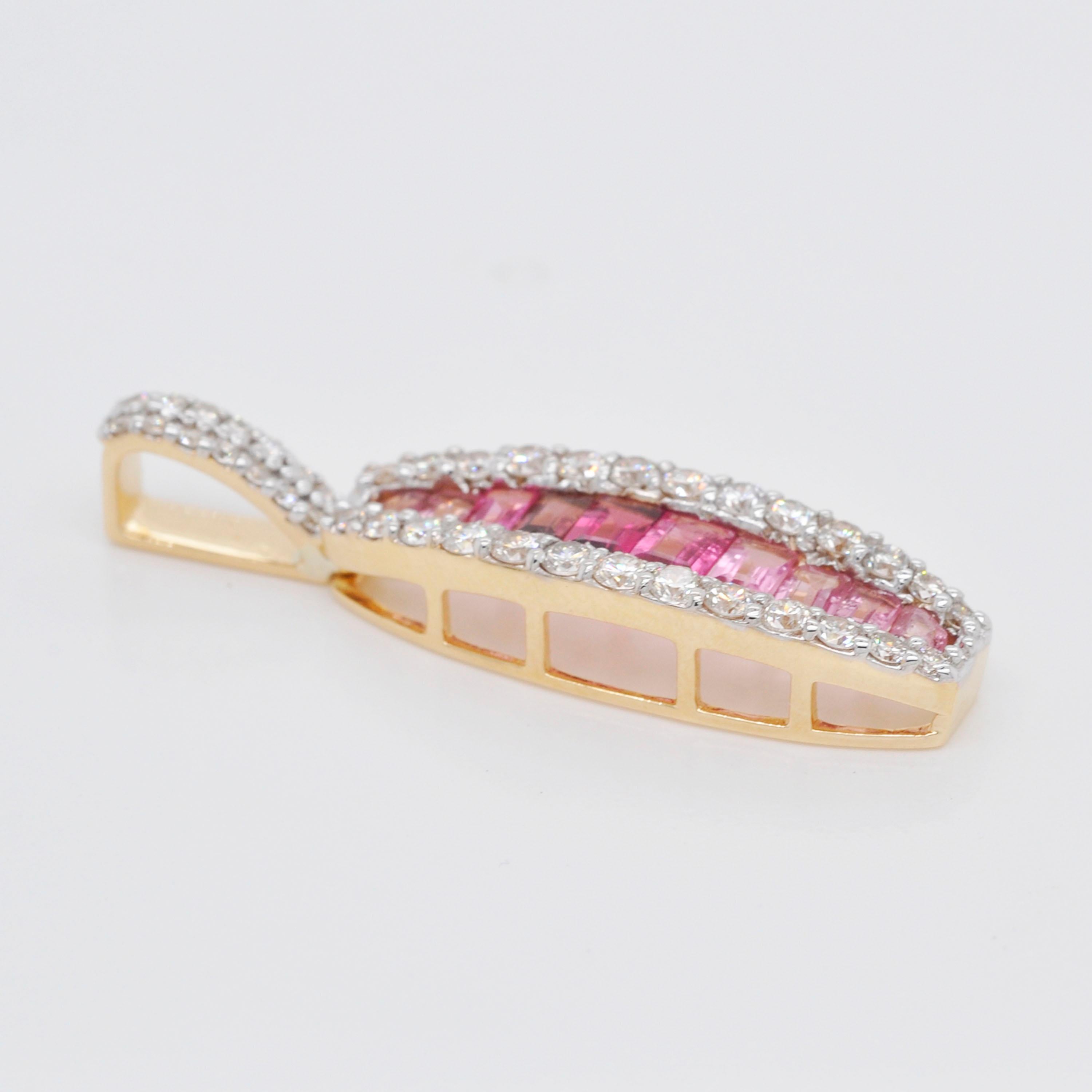 18 Karat Gold Channel Set Pink Tourmaline Baguette Diamond Pendant Necklace For Sale 1
