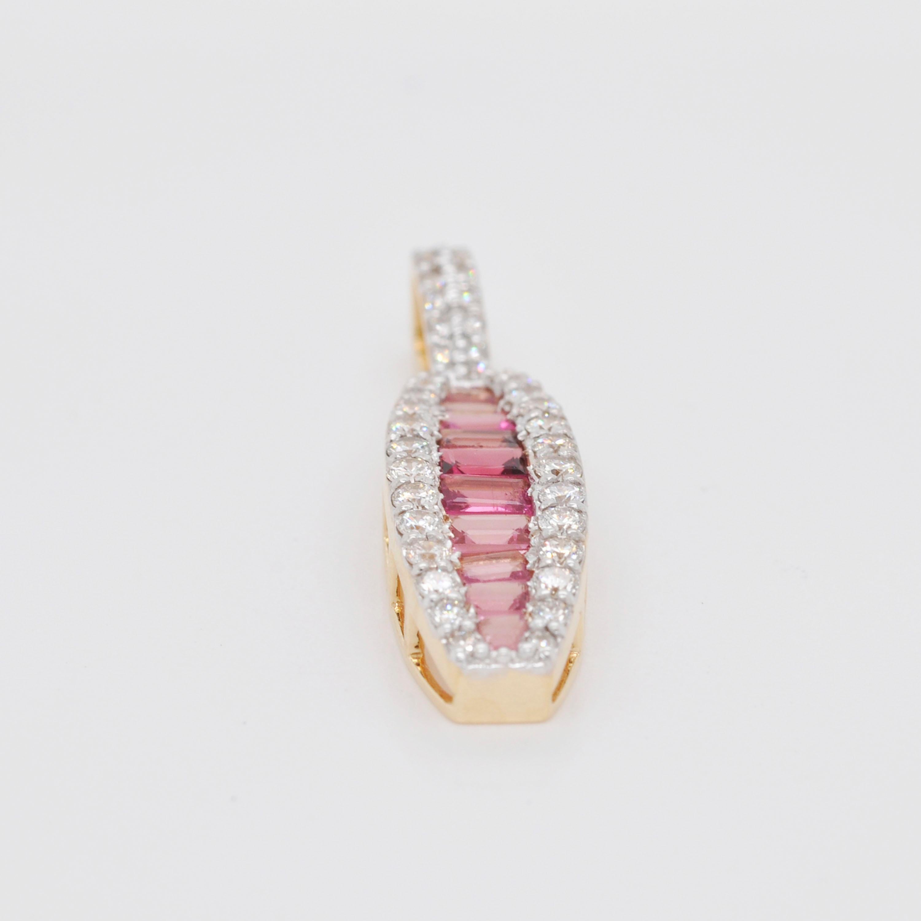 18 Karat Gold Channel Set Pink Tourmaline Baguette Diamond Pendant Necklace For Sale 2