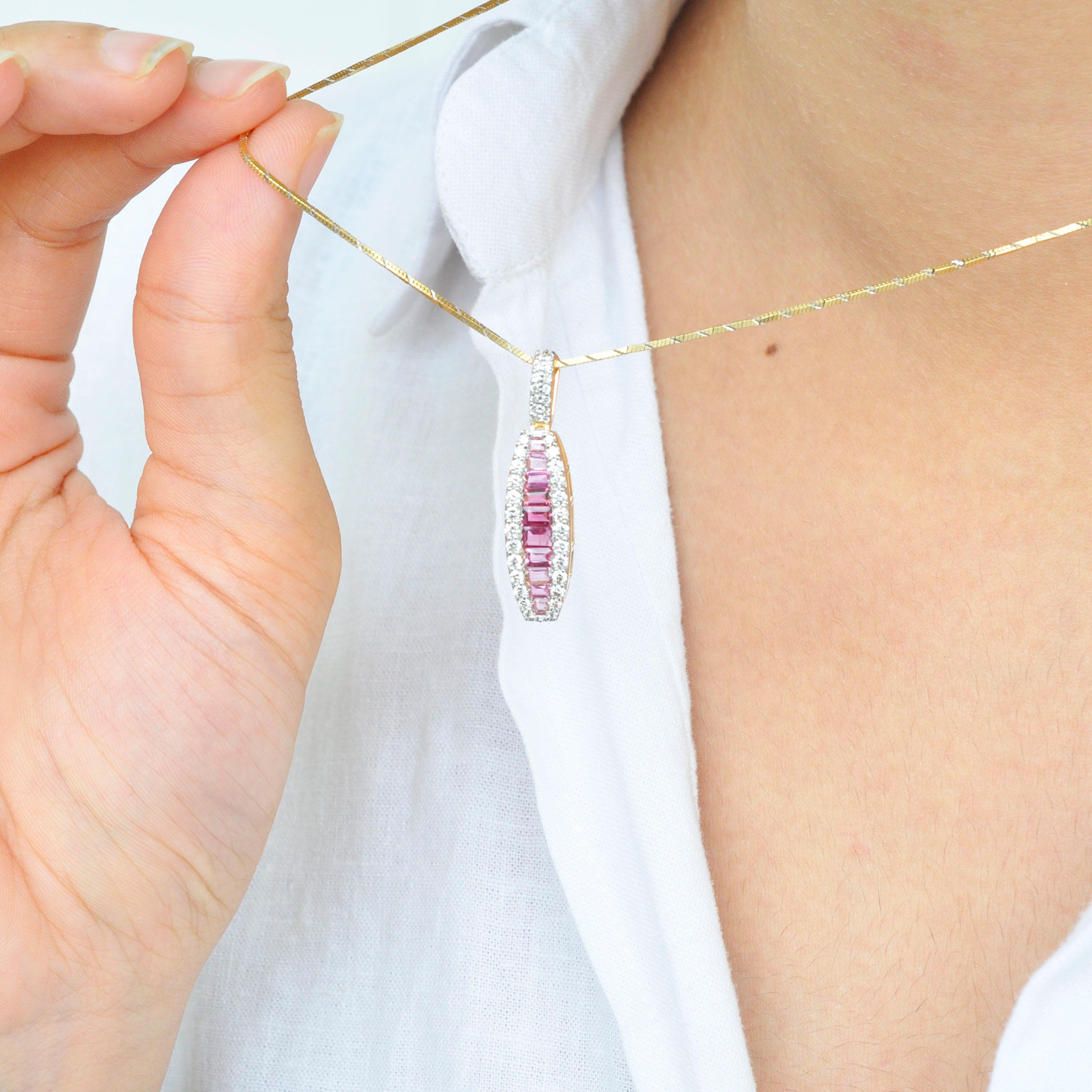 Baguette Cut 18 Karat Gold Channel Set Pink Tourmaline Baguette Diamond Pendant Necklace For Sale