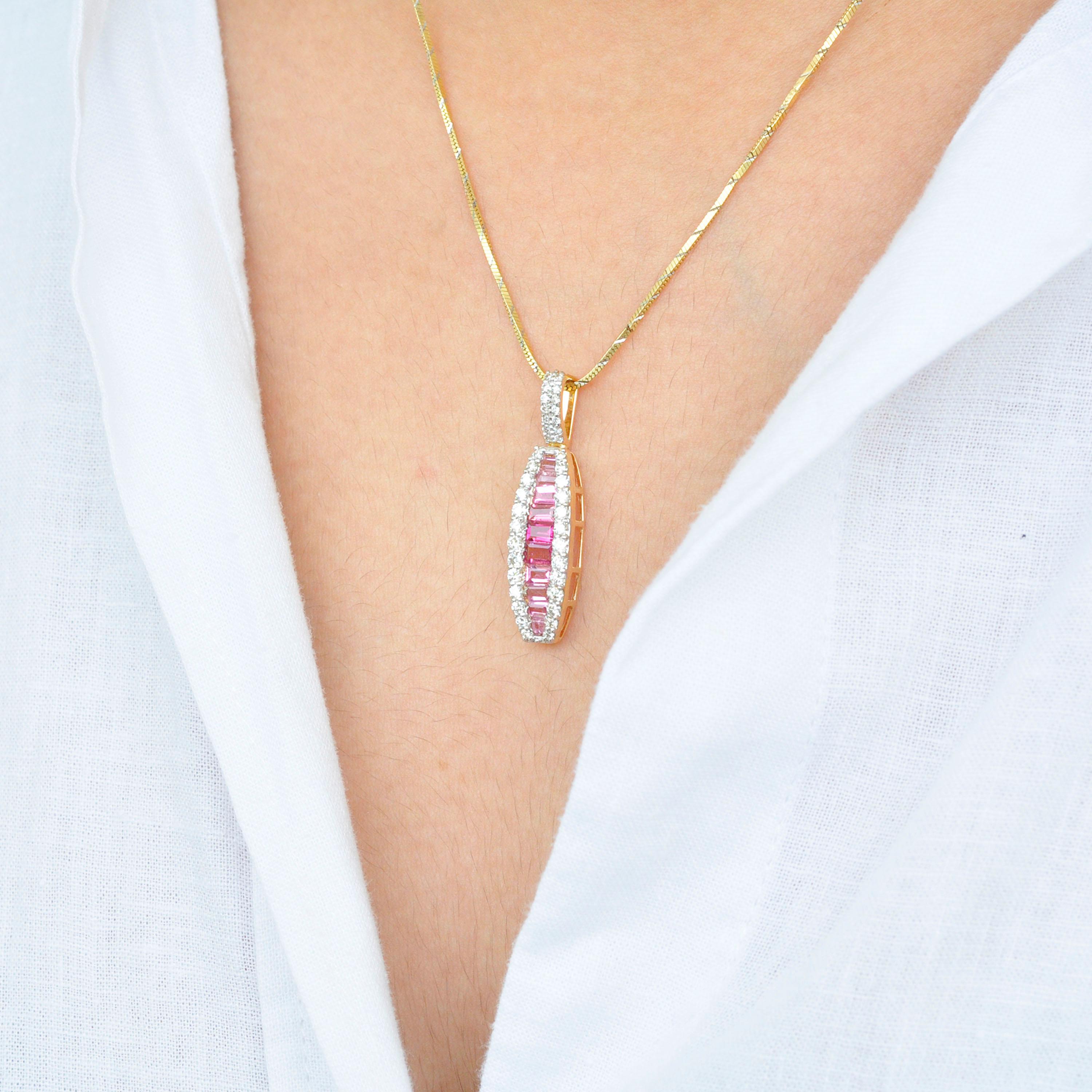 18 Karat Gold Channel Set Pink Tourmaline Baguette Diamond Pendant Necklace For Sale 3