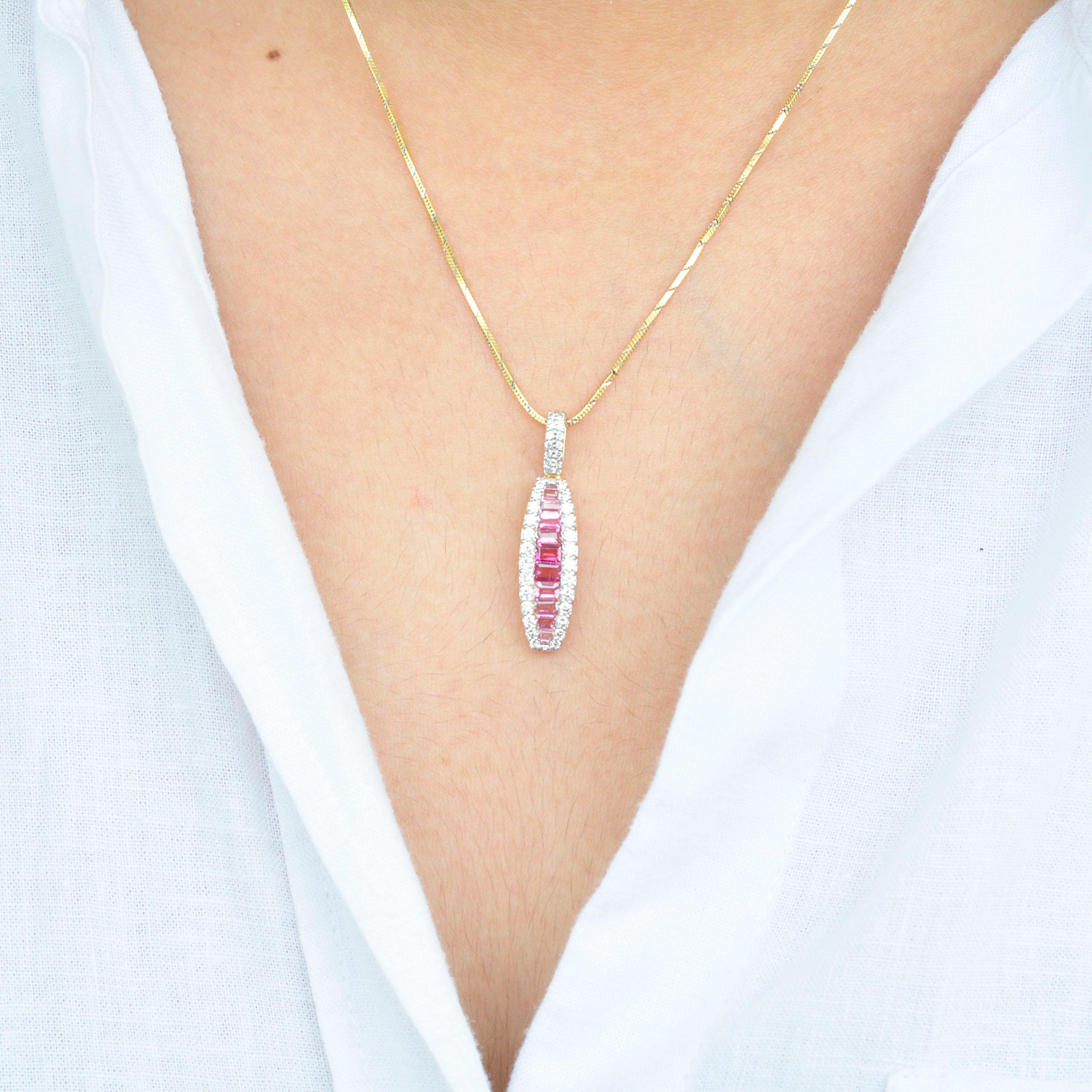 Contemporary 18 Karat Gold Channel Set Pink Tourmaline Baguette Diamond Pendant Necklace For Sale