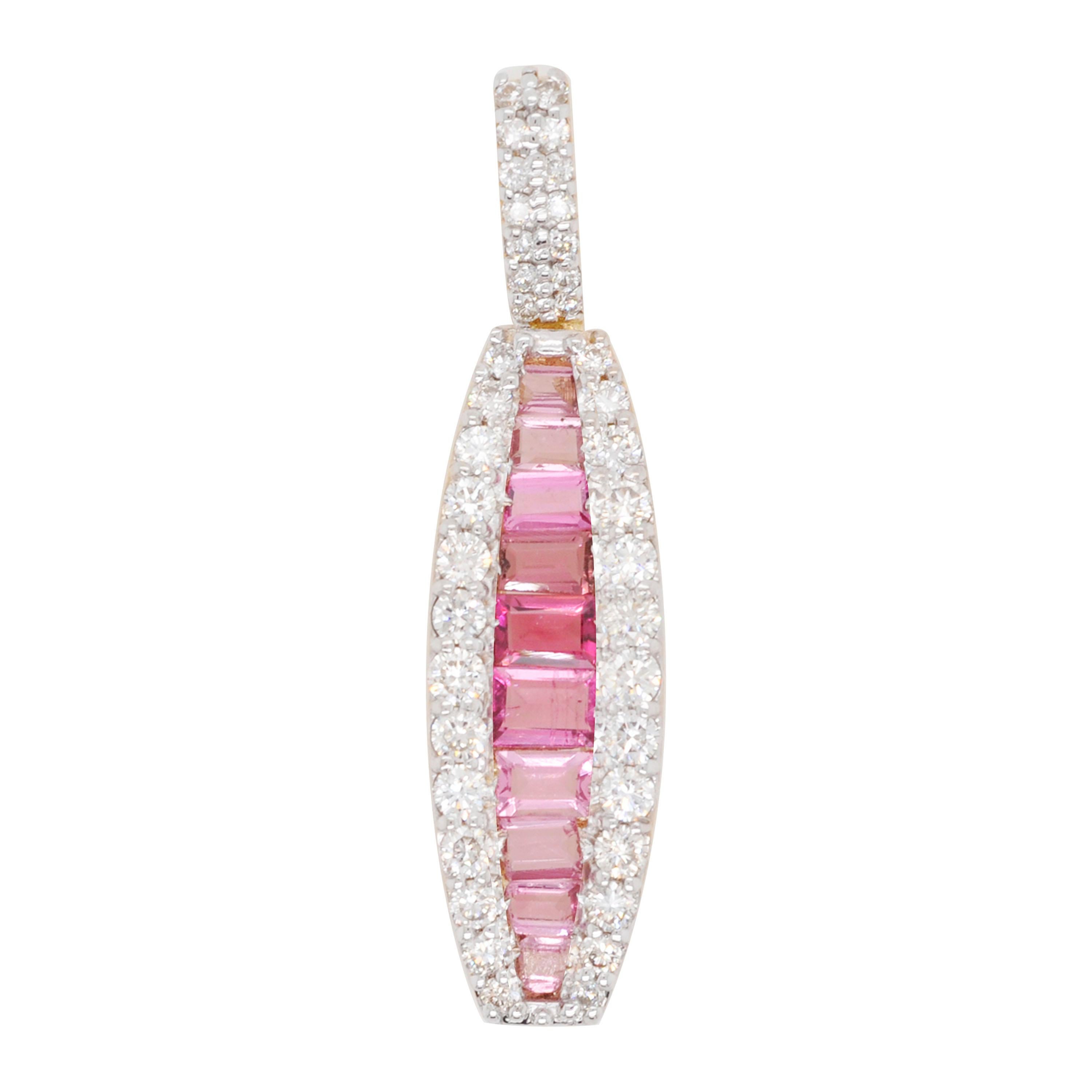 18 Karat Gold Channel Set Pink Tourmaline Baguette Diamond Pendant Necklace For Sale