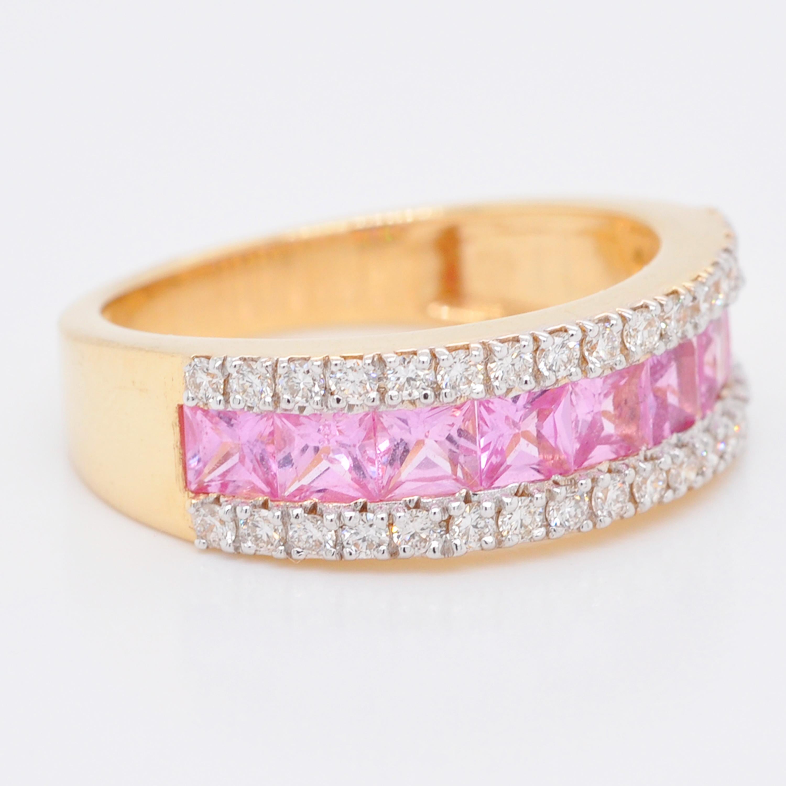 18 Karat Gold Channel Set Princess Cut Pink Sapphire Diamond Linear Band Ring For Sale 2