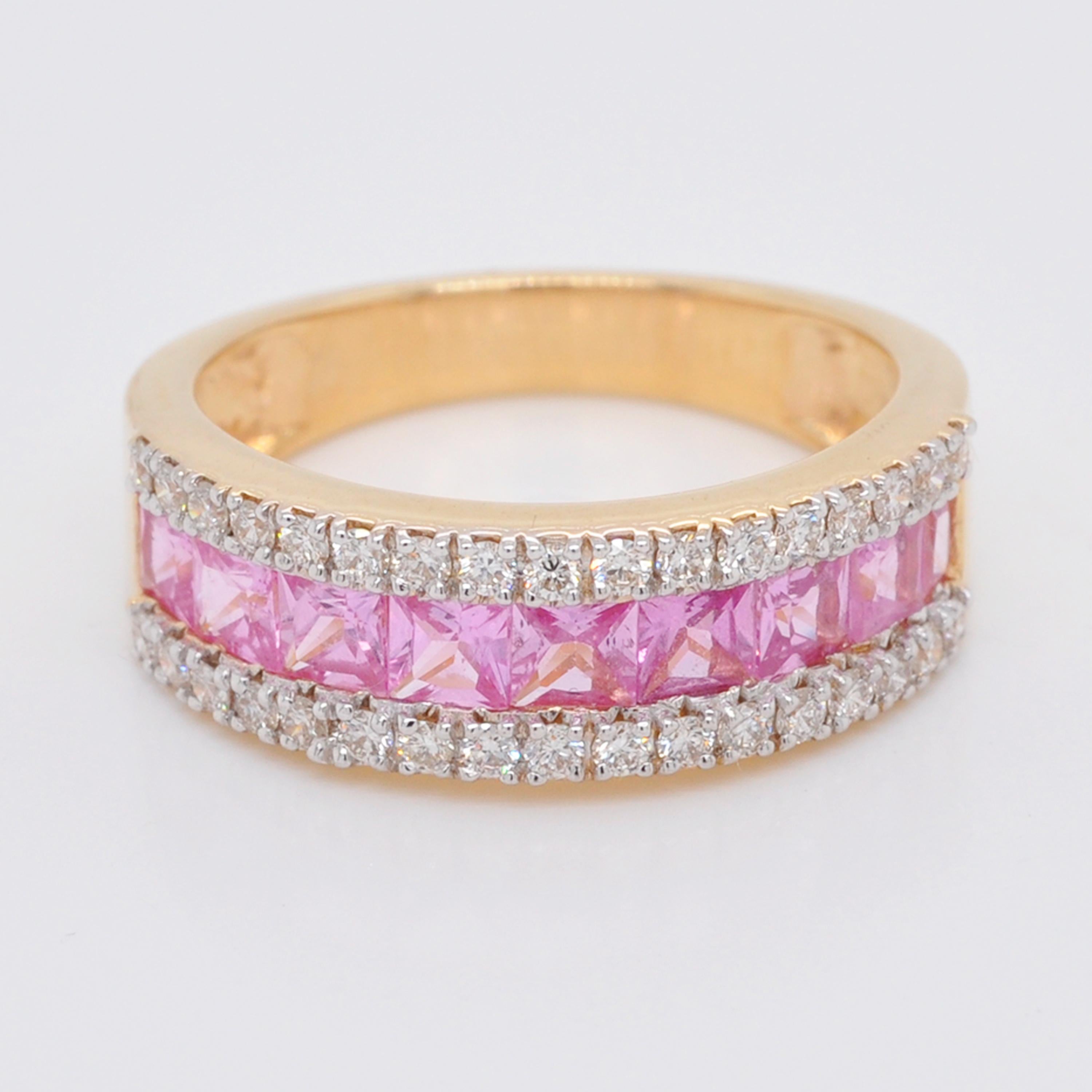 18 Karat Gold Channel Set Princess Cut Pink Sapphire Diamond Linear Band Ring For Sale 3