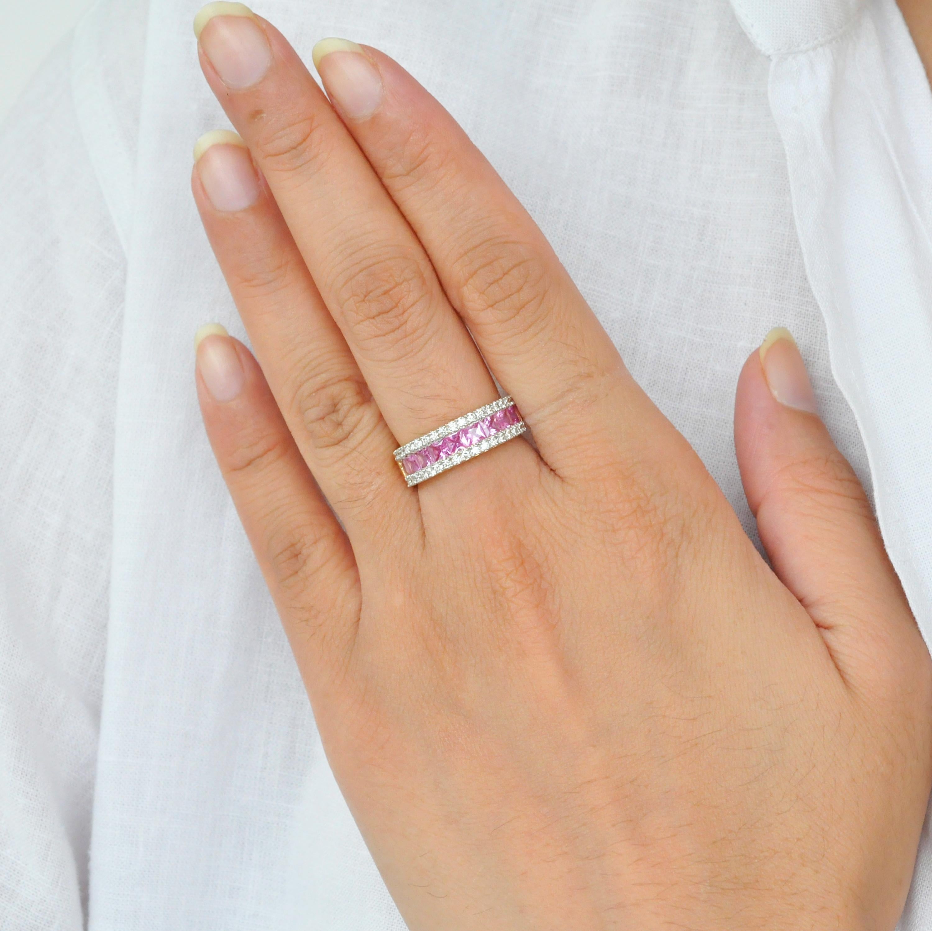 18 karat gold channel set princess cut pink sapphire diamond linear band ring.

This beautiful linear band ring with lustrous pink sapphires are extremely spectacular. Elegance and chic in one, this ring features high quality clean and clear